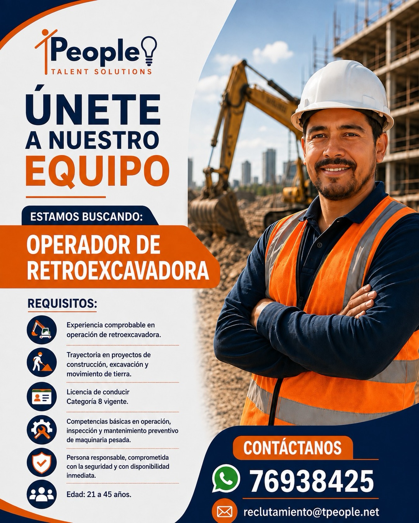 ¿Tenés experiencia operando retroexcavadora? 🚜 Esta oportunidad puede ser para vos.
En TPeople buscamos talento con experiencia, responsabilidad y compromiso para integrarse a nuevos proyectos de construcción.
✅ Experiencia comprobable
✅ Licencia Categoría 8 vigente
✅ Disponibilidad inmediata
📲 WhatsApp: +505 76938425
📧 reclutamiento@tpeople.net
#TPeople #TalentSolutions #TalentoQueTransforma #ConectamosTalento #OportunidadesLaborales