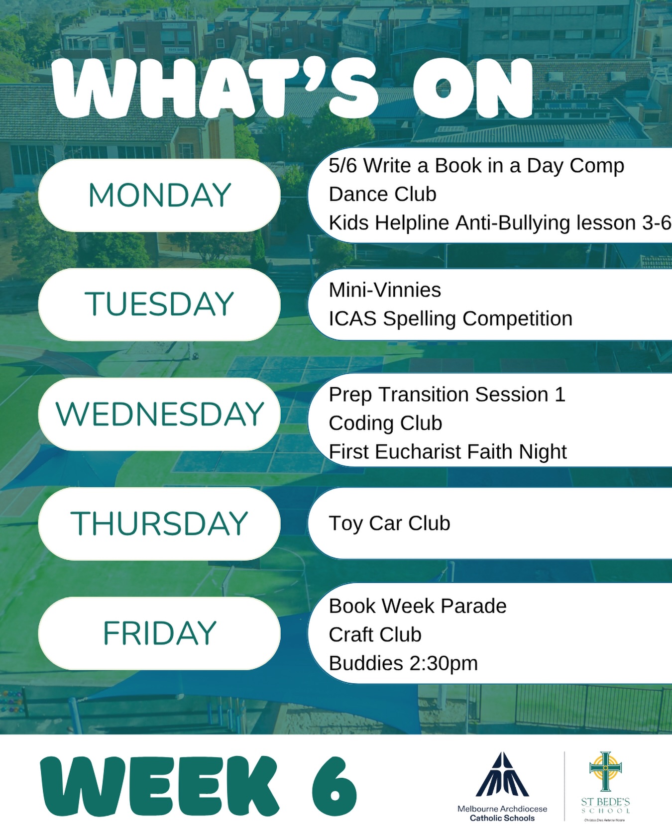 Week 6 is here, and itโs a busy one! ๐โจ
From Write a Book in a Day and the ICAS Spelling Competition to our Prep Transition Session and First Eucharist Faith Night, thereโs plenty happening at St Bedeโs. Weโll finish the week with our exciting Book Week Parade! ๐๐
We canโt wait for another wonderful week! ๐๐