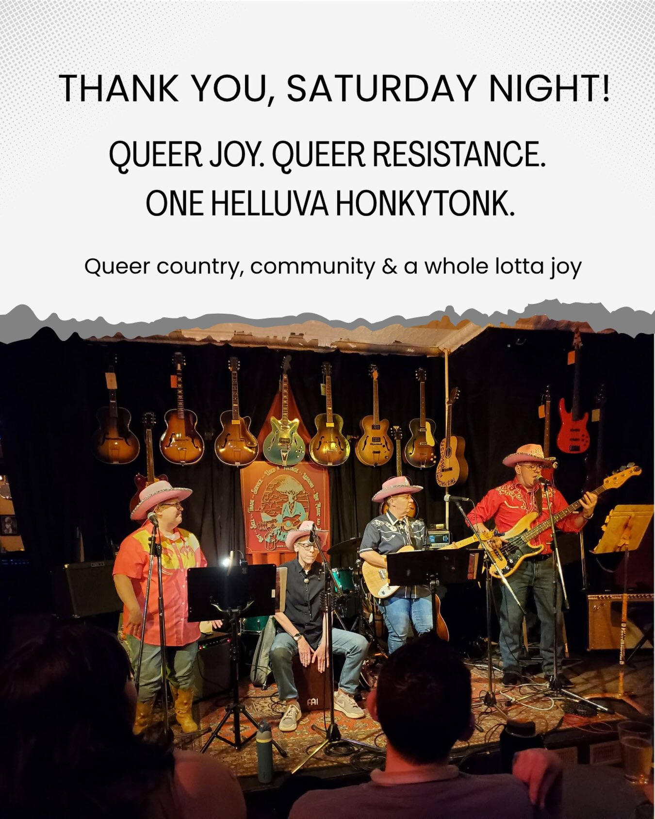 Still riding the high from last night. And also... so, so tired. 😂
Our first Honkytonk QueerTones show as a 4-some was flippin’ AWESOME.
We had an incredible audience, raised a bunch of $$$ for The Trevor Project, sang our hearts out, and had one hell of a honkytonkin’ good time.
But what I keep coming back to is the feeling in that room. Queer joy. Queer resistance. People singing together, laughing together, showing up for each other, and making a space where we could be loud, joyful, tender, country, queer, and completely ourselves.
To everyone who came out, sang along, cheered us on, threw money in the tip jar, and shared that room with us: THANK YOU. You made the night what it was.
Huge love and gratitude to my Honkytonk QueerTones crew: Tammy Bringaze, Emmett Troxel, and Kim Hoff. There’s something pretty magical happening here, friends.
And a huge thank you to Tia and the whole crew at Luthier’s Co-op for welcoming us and giving this brand-new band a place to make some noise.
You know it was a great show when you can’t stop thinking about it afterward. I was up half the night replaying the highlight reel in my head. I am exhausted today and would absolutely do it all over again. 🤠🌈
NEXT UP: FloFest on September 19!
And keep an eye out for a special line dance event the night before. If you want to be part of the Honkytonk QueerTones magic, we’d love to have you there.
More queer joy. More resistance. More country music. More dancing.
Let’s honky-tonk. 🌈🤠💜
@bornmiddleaged @kimbahoff123 @tbbringaze
#honkytonkqueertones #queerjoy #queerresistance #queercountry #thetrevorproject