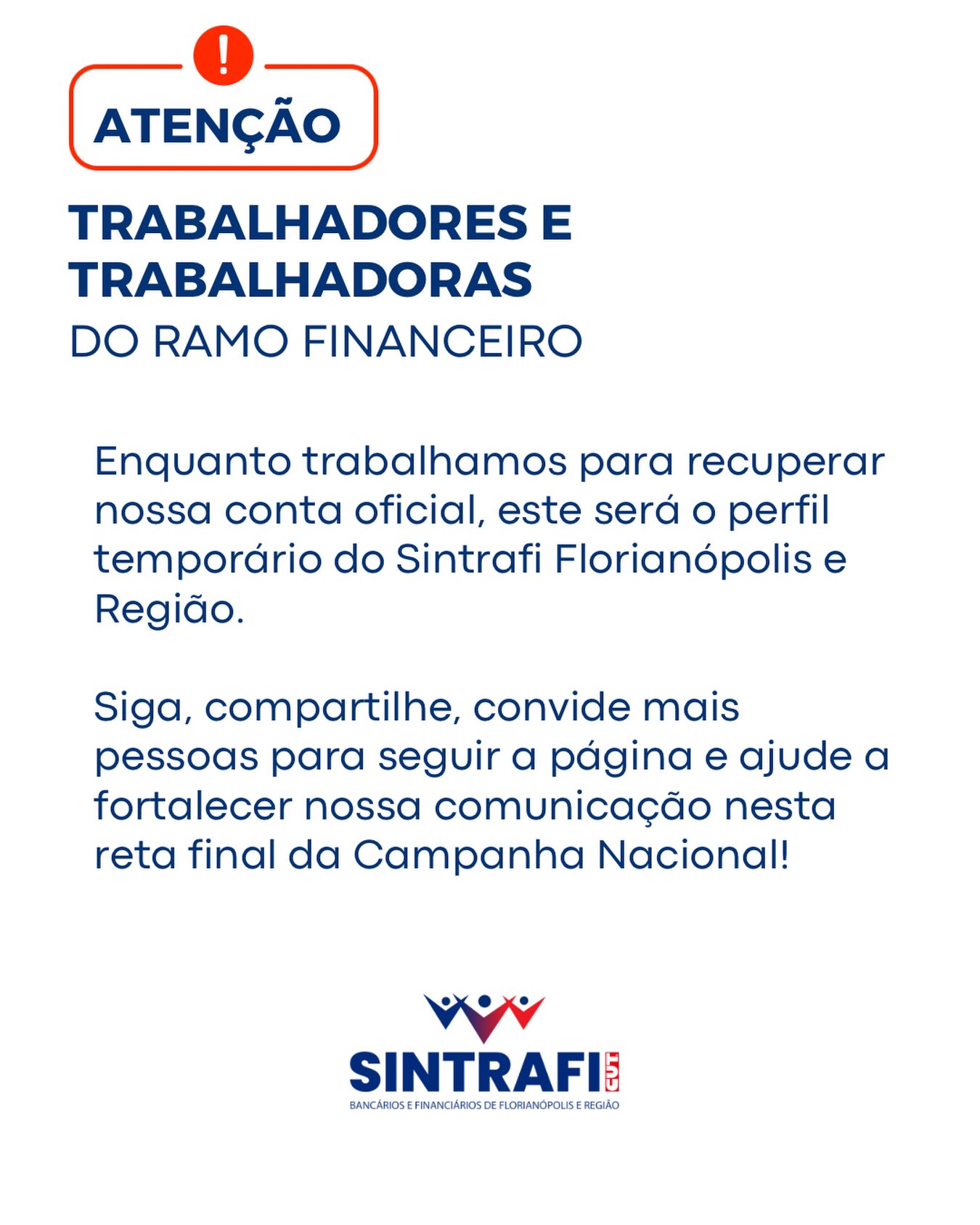 Enquanto trabalhamos para recuperar nossa conta oficial, este será o perfil temporário do Sintrafi Florianópolis e Região.
Siga, compartilhe, convide mais pessoas para seguir a página e ajude a fortalecer nossa comunicação nesta reta final da Campanha Nacional!
#sintrafifloripa