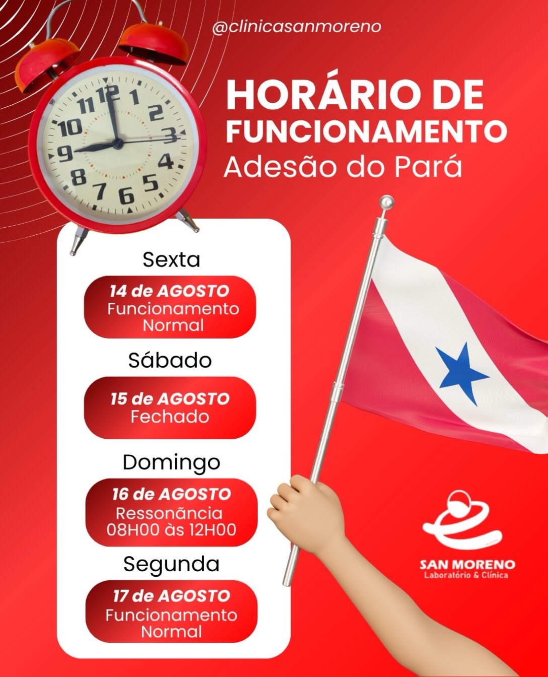 Horário de Funcionamento | Adesão Pará 💙
Cuidar da sua saúde ficou ainda mais fácil! 🩺✨
Confira nosso horário de funcionamento para **adesão do Pará** nas Clínicas SAN Moreno e programe sua visita.
📍 Estamos prontos para receber você com atendimento humanizado, segurança e qualidade.
SAN Moreno — cuidado que acolhe, saúde que transforma! 💙
#SANMoreno #Saúde #AtendimentoHumanizado #AdesãoPará #CuidadoComASaúde