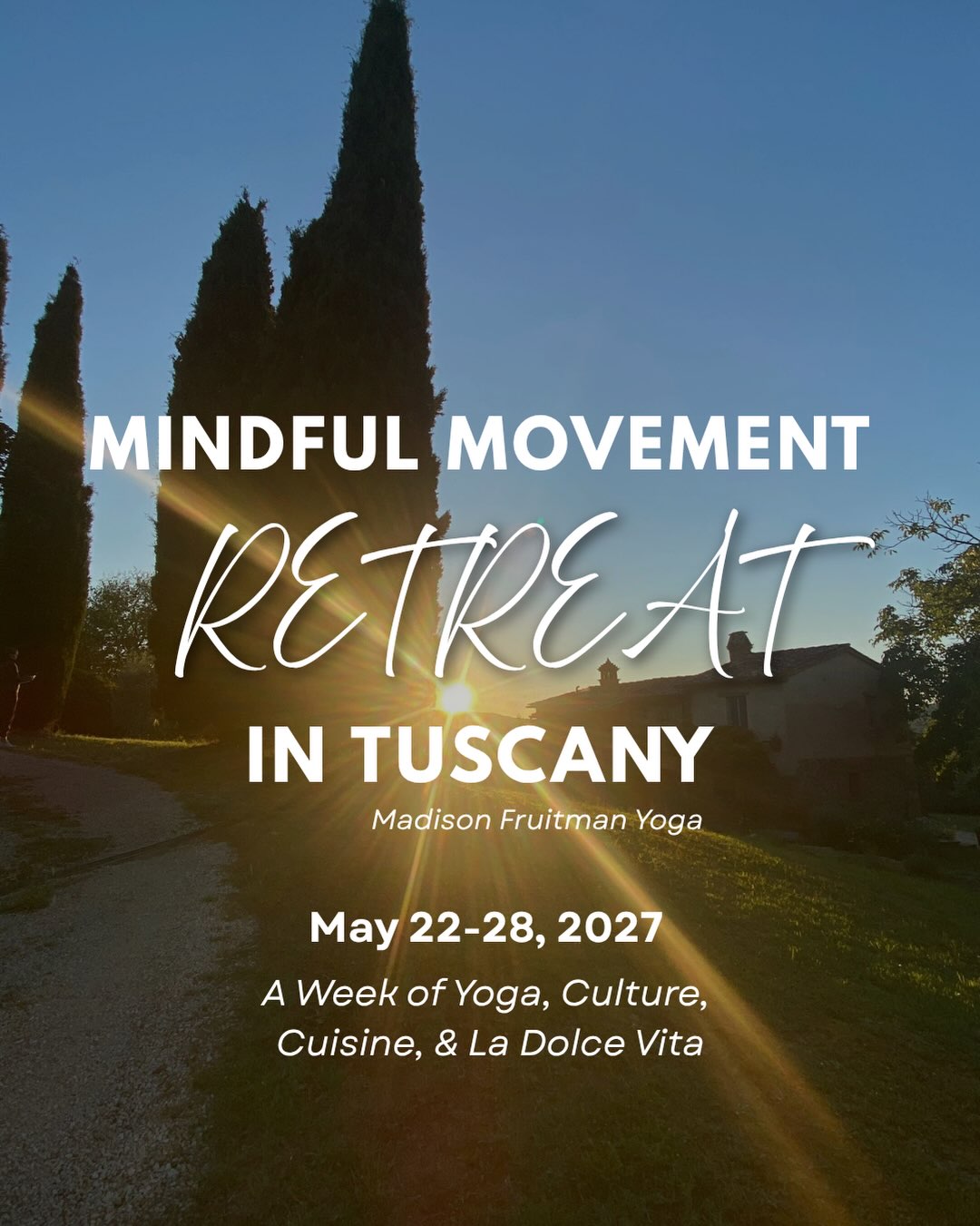 🇮🇹✨ Tuscany Retreat May 22-28, 2027 ✨🇮🇹
We are retuning to the beautiful @maraviglia_tuscany for our 3rd annual year !! Come with us 😉
Imagine waking up surrounded by olive groves, practicing yoga overlooking the Tuscan hills, sharing long farm-to-table meals, exploring medieval villages, and slowing down into the magic of la dolce vita.
Join me for a week of daily yoga, delicious cuisine, Italian culture, meaningful connection, and time to truly unwind at this beautiful 350-year-old farmhouse in the heart of Tuscany.
I cannot wait to share this unforgettable experience with you. 🌿
✨ May 22-28, 2027
📍Maraviglia, Tuscany, Italy
Spaces are limited. Reach out for details and to reserve your spot.
.
.
.
When you’re ready to book, all payments are payable directly to our host, Francesca, at Maraviglia.
AGRICOLA MARAVIGLIA
Address: Podere Meraviglia 377, 52048 Monte San Savino (AR), Italy
Phone: +39 339 322 0599
.
.
.
.
.
.
#TuscanyRetreat #YogaRetreat #ItalyRetreat #YogaInItaly #TuscanDreaming
