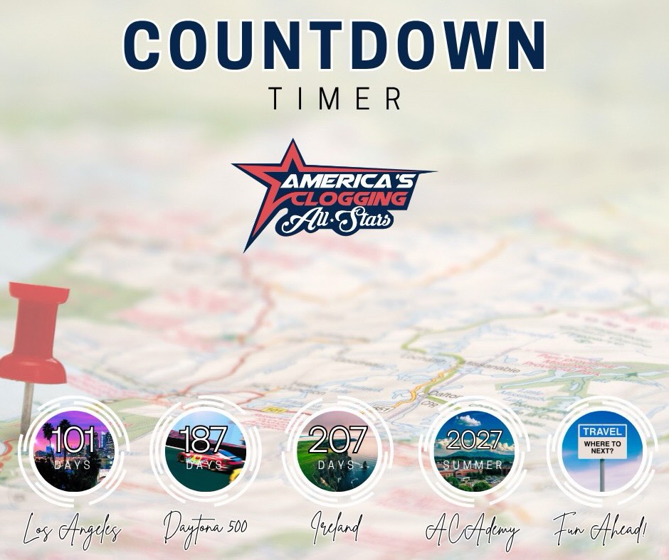 ⏰ THE COUNTDOWN IS ON! ⏰
The days are ticking away, and we’re getting closer to our next great ACA adventures!
But as we count down to each of these incredible experiences, there’s one question we keep asking…
Where will ACA take us next ✈️
Here’s what’s coming up:
🎄 Los Angeles 2026 – 100% FULL (Join the Waitlist!)
🏁 Daytona 500 – Casting Interest is OPEN!
🇮🇪 Ireland 2027 – Registration is OPEN, but closing soon!
⭐ ACAdemy 2027 – Coming Summer 2027!
🌎 What’s Next? – We’re already dreaming up the next ACA adventure!
Whether you’ve traveled with us before or are still waiting for your first ACA adventure, we’d love to have you along for the next one!
For more information or to join us:
- Daytona 500 – https://forms.gle/g4vW85X33ZikhgoXA
- Ireland 2027 – www.americascloggingallstars.com/trips
- ACAdemy 2027 – www.americascloggingallstars.com/academy