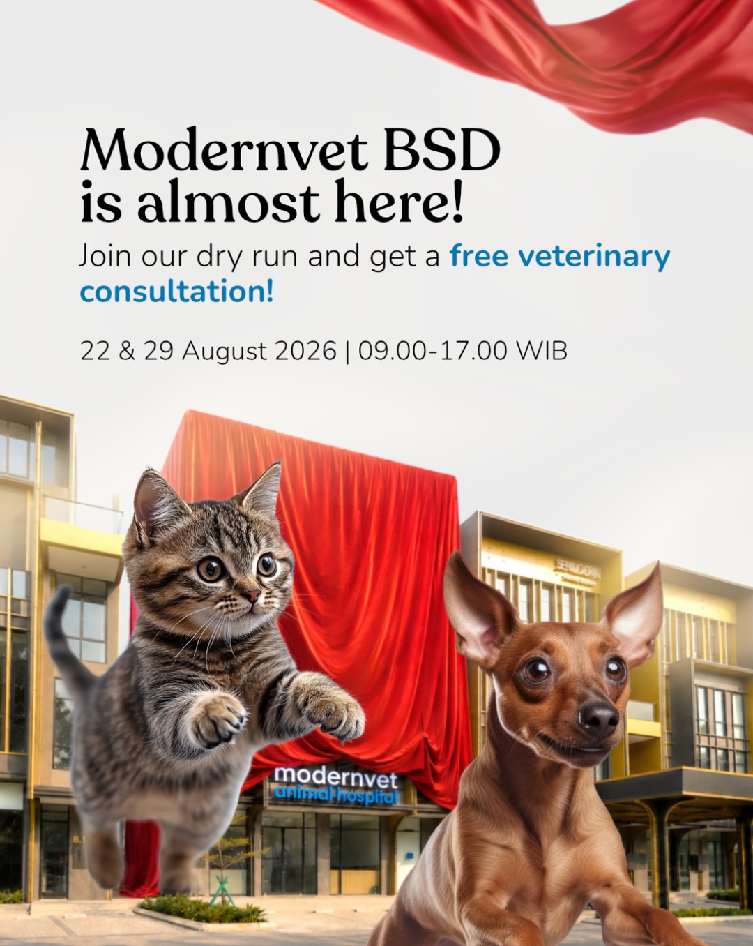 🎉 Yang ditunggu-tunggu akhirnya tiba!
Modernvet BSD kini siap menyambut pawrents dan anabul tersayang melalui Dry Run Modernvet BSD dengan FREE Consultation pada:
📅 22 & 29 Agustus 2026
🕘 09.00 – 17.00 WIB
Jadilah salah satu yang pertama merasakan pengalaman berkunjung ke Modernvet BSD dan bertemu langsung dengan tim dokter hewan kami!
👉🏻 Gulir ke kiri untuk informasi lebih lengkap dan tutorial cara booking slot!
—
🎉 The wait is finally over!
Modernvet BSD is ready to welcome you and your beloved pets with a FREE Consultation during our Modernvet BSD Dry Run:
📅 August 22 & 29, 2026
🕘 9:00 AM – 5:00 PM
Be among the first to experience Modernvet BSD and meet our veterinary team before the official opening!
👉🏻 Swipe left for more information and a step-by-step guide on how to book your slot!