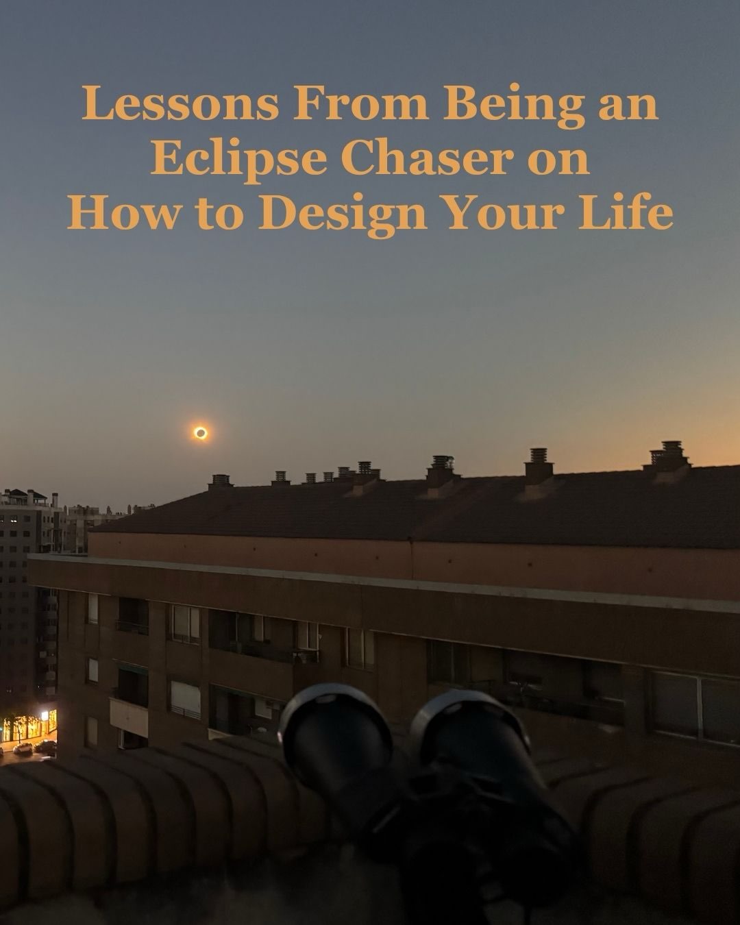 Five lessons from my third trip to see a total solar eclipse. This time, in Zaragoza, Spain☀️🌙🧡
#eclipse #totalsolareclipse #spain
There’s so much discourse around saying yes, and also having the freedom to say no; knowing when to do both is an art form that must be practiced over and over again.
Say yes to following your bliss, following the things that bring you joy, that feed your curiosity, that bring you more connected to your values. Yes, people who do this are my favorite because they’re adventurous and creative. They talk to strangers and make friends easily. Conversation and activities are always fun with these people.
And saying no is also important: knowing your boundaries, knowing when you may feel unsafe, trusting your intuition, and knowing when something is not good for you and continues to put you on a path that doesn’t allow for your own personal growth.
The total eclipse lasted 1 minute and 24 seconds in my location. An overwhelmingly short period of time. The pressure to take photos and feel the magic competed with each other. Next time I plan to be more present. When you’re having a hard time within relationships or at work, and you’re not really sure when the pain and frustration will end, this is a reminder that it does, and at the same time, good things also end, so be sure to be present and in the moment for those good times as well.
All relationships have their ups and downs, and I believe people do change. I went to visit my cousin in her town in Spain for the eclipse. She’s been living there for eight years now. We weren’t close growing up, but now it seems we’re both adventurous, yes people who can both make plans and go with the flow. Five days to spend with only one person is a lot, but this was a fabulous trip getting to know my cousin better and making some core memories for our adulthood.
This is the most important thing for life, travel, and adventure: when you’re open and curious, the world gives you back wonderful new friends, late-night chats, and lots of laughs and good stories to accompany them with adventure and travel. This often looks like talking to strangers, breaking the ice, sharing a nice smile and eye c