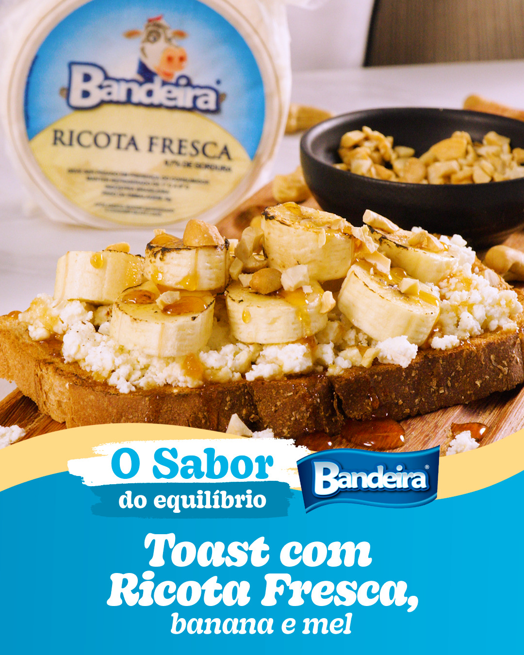 Antes de treinar, o corpo pede energia de qualidade e essa combinação de ricota fresca Bandeira com banana entrega exatamente isso.
Simples, rápida de preparar e cheia de nutrientes que ajudam a chegar com mais disposição na academia ou na atividade física.
