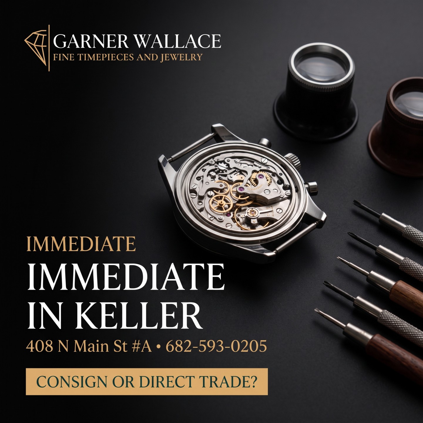 Ever wonder what determines the value of your estate jewelry or luxury timepiece? At Garner Wallace, we provide immediate, professional valuations based on current market trends, craftsmanship, and raw material rarity. Our experts meticulously examine movement mechanics and gemstone quality to ensure you receive fair market value for your treasures. Whether you're curious about a vintage piece or looking to upgrade your collection, we offer transparency and trust right here in the heart of Keller. ⌚️✨
Walk-ins welcome at 408 N Main Street, Suite A, Keller, TX or call 682-593-0205.
Consign or Direct Trade?
#jewelrydesigner #personalizedjewelry #gemstonejewelry #naturalgemstones #vintagewatch #preownedrolex #GarnerWallace #KellerTX #CustomJewelry
