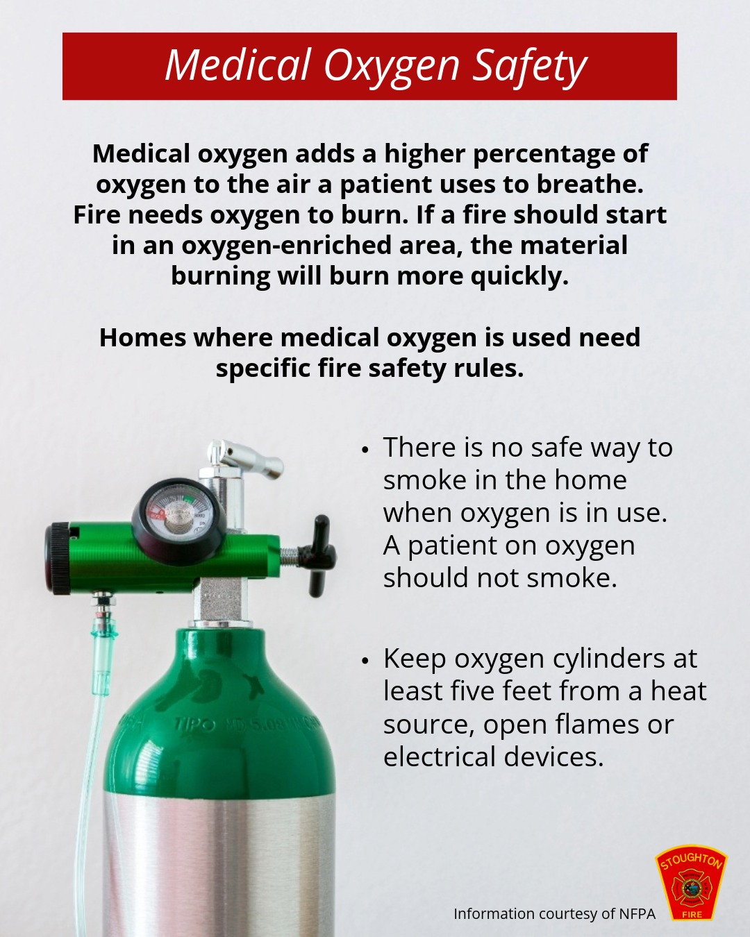 Medical Oxygen Safety at Home.
Did you know that an oxygen-enriched environment causes materials to burn much faster and more intensely? If you or a loved one relies on medical oxygen, practicing strict fire safety is essential to keeping your household safe. Follow these guidelines to help keep your family safe.
#SFD #MedicalOxygenSafety