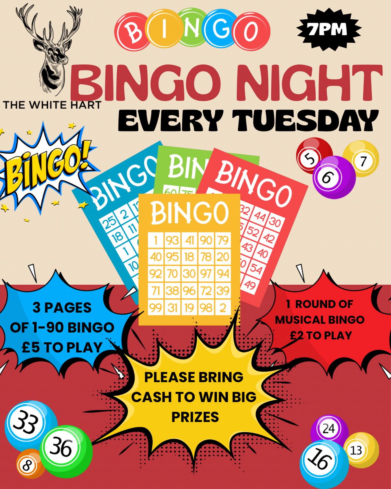 🎶 Musical Bingo Night! 🎶
Join us for a round of Musical Bingo featuring classic hits from ABBA, Queen, Billy Ocean and many more!
🎵 The first player to complete the 4 corners and centre square wins the jackpot!
Then it’s time for 3 games of traditional 90-ball bingo, with cash prizes for:
💷 1 Line
💷 2 Lines
💷 Full House
Come along for a great night of music, fun and the chance to win cash prizes!