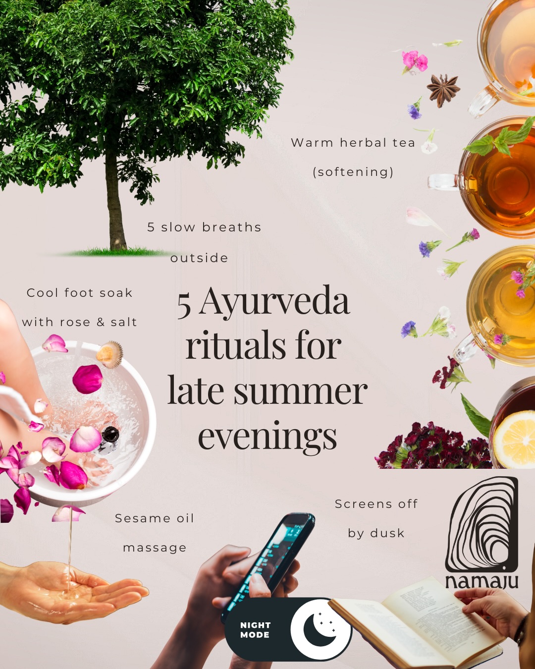 Five small Ayurveda rituals for warm summer evenings — not fall rituals yet, just gentle ways to let your system soften before the season actually turns.
I used to think rest had to be earned. That I needed a full evening routine, a perfect wind-down ritual, twenty minutes I never actually had. It took me years to understand that Pitta is still active in the afternoon heat this time of year — which means evening isn’t optional relaxation, it’s the one window your body actually gets to cool down and land.
You don’t need to overhaul your life. You need five consistent minutes: a cool foot soak, warm sesame oil on your skin, screens off before dusk, a warm tea instead of something cold, five slow breaths outside before the day fully closes.
This is the kind of Ayurveda I actually practice and teach — not the aesthetic version, not the 6am-cold-plunge version. The kind that fits into an ordinary evening and still changes how you sleep.
Save this for tonight. Which one will you actually try?
#ayurveda #eveningrituals #nervoussystemregulation #somaticwellness #slowliving