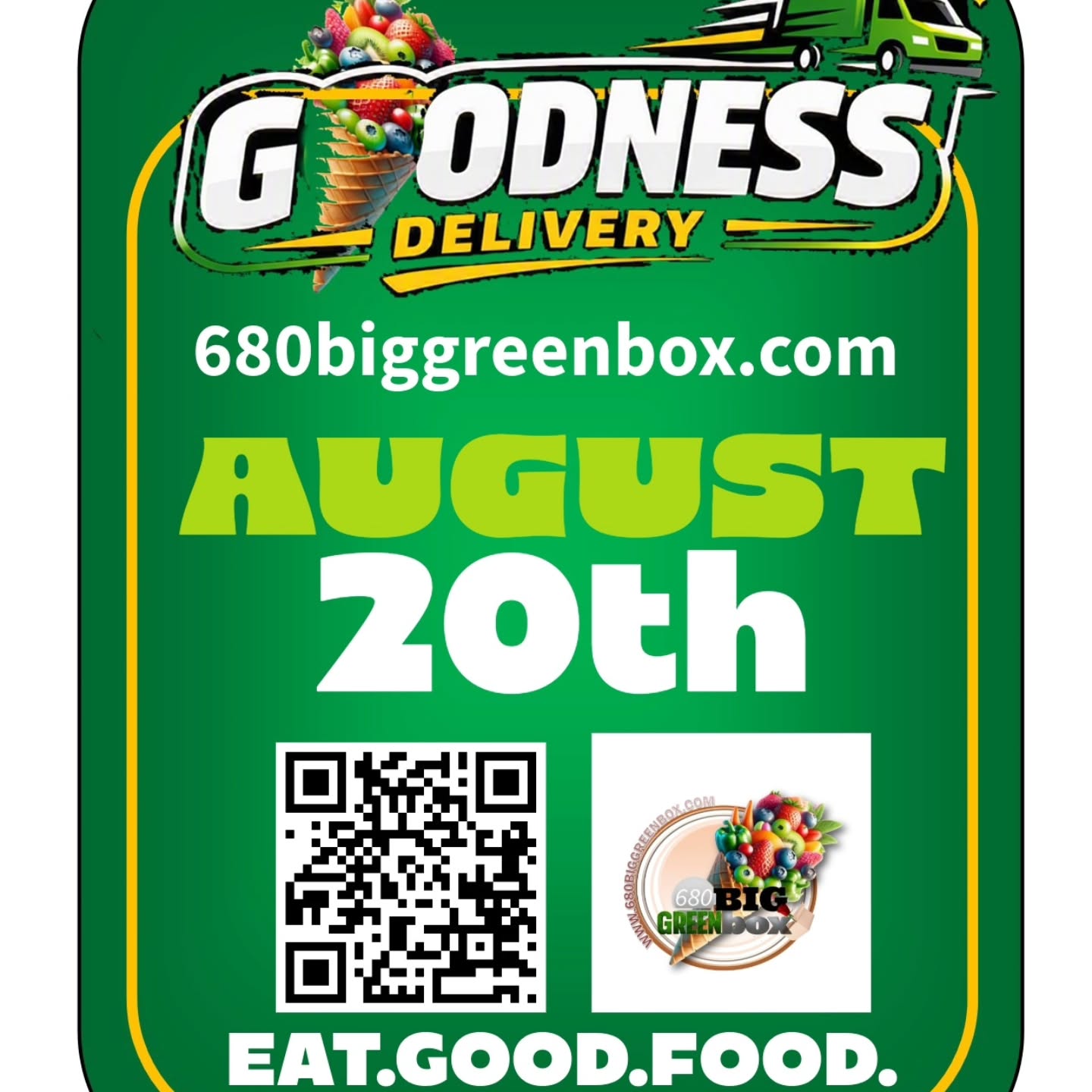 Our next delivery day is Thursday.
Would you like to order a GOODNESS DELIVERY this week?
Carl Childs
10+ Years Strong!
680 Big Green Box
#GOODNESSDELIVERY
www.680biggreenbox.com