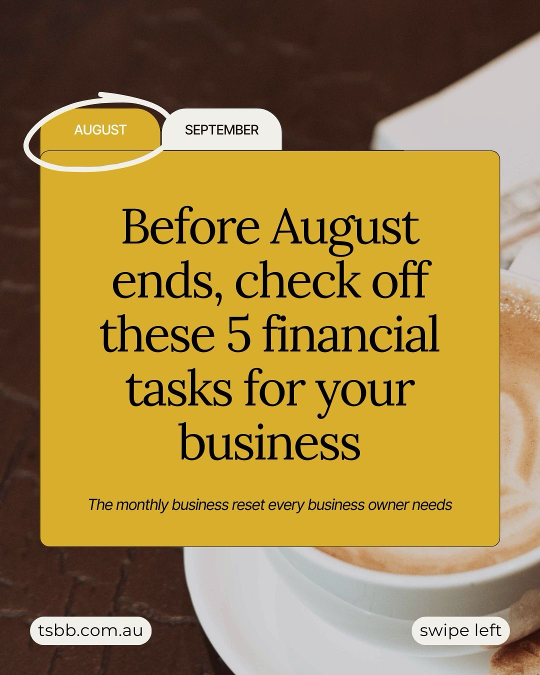 Before August ends, check off these 5 financial tasks for your business.
Swipe left to learn what they are and why they matter.
Ready for clean books, better cash flow and less financial stress?
Book a call using the link in our profile.
.
.
#thesmallbusinessbook
#perthbookkeeper
#perthaccountant
#WAbookkeeper
#WAaccountant