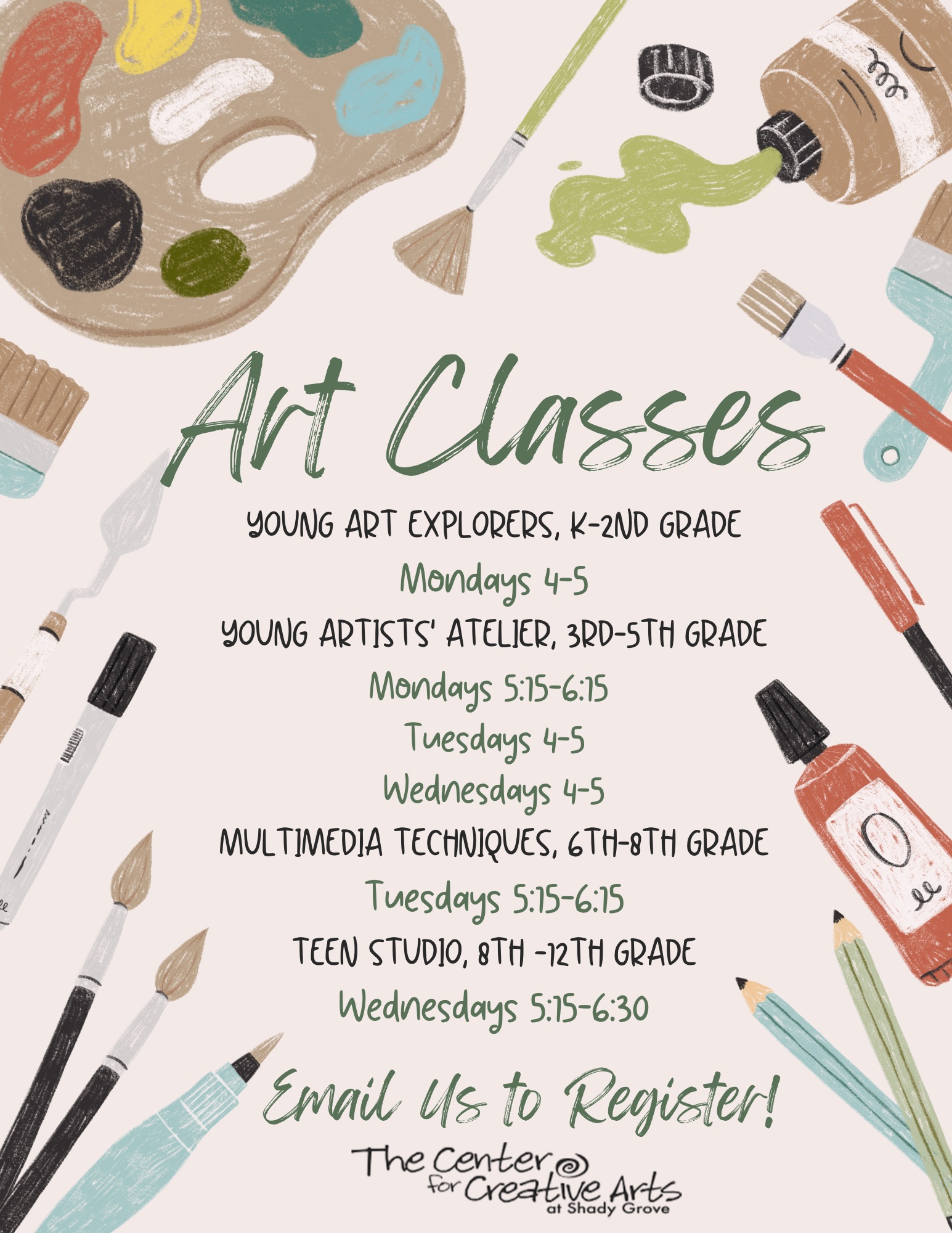 It’s time to register for Fall Art Classes at The Center!
The first session begins on September 14th.
For prices and class descriptions, please check out our website.
Please register as soon as possible. Spots are reserved on a first come, first serve basis from the time stamped receipt of the form. Once spots are full, you will be added to our waitlist.