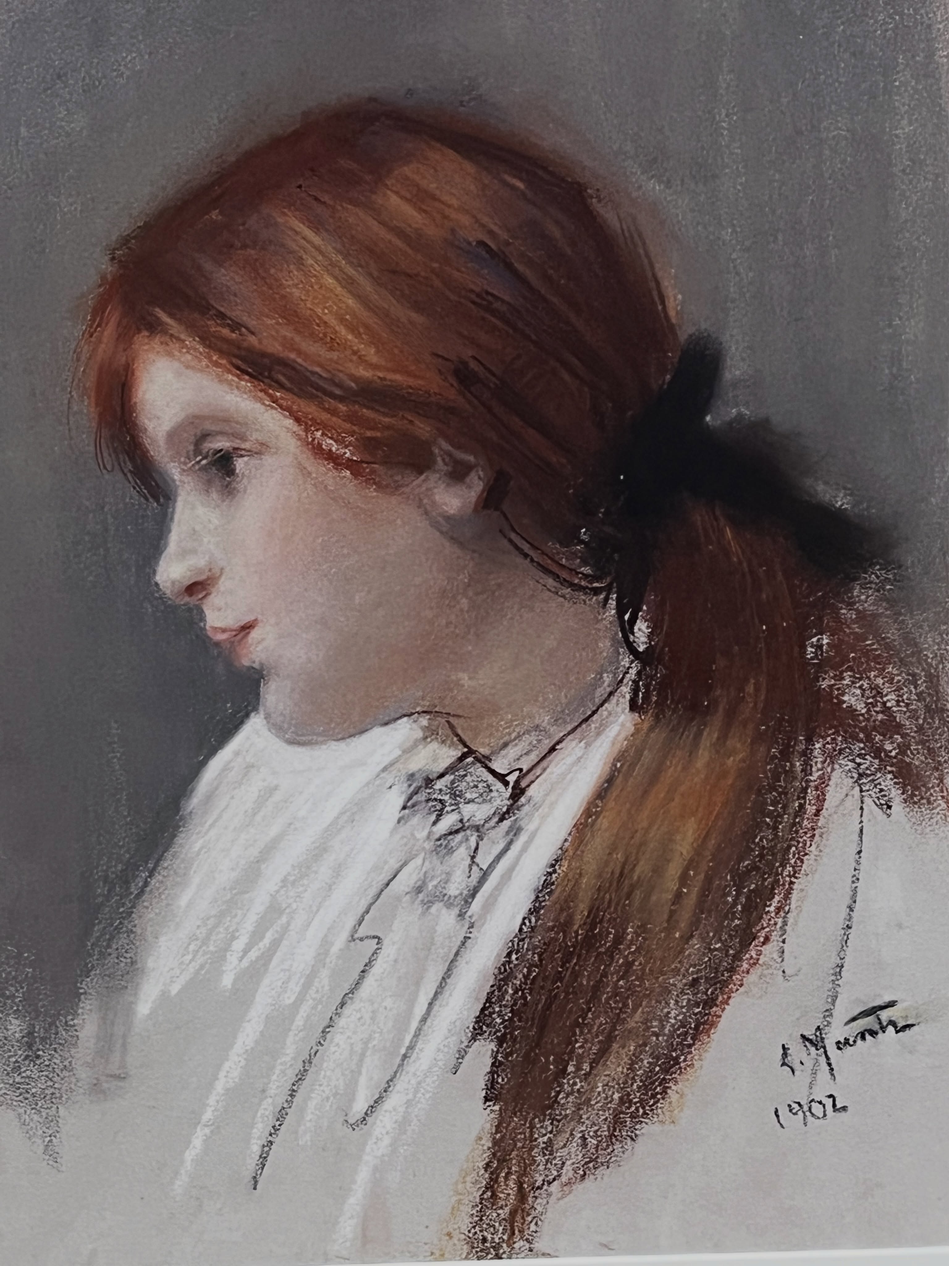 Laura Muntz Lyall (Canadian, 1860–1930)
Portrait of a Young Lady
Paris, 1902
Pastel on paper, approximately 15 × 15 in.
Signed and dated
A beautiful and intimate pastel by celebrated Canadian artist Laura Muntz Lyall, created in Paris in 1902.
Shown in quiet profile, the young sitter is rendered with remarkable delicacy—her luminous auburn hair gathered loosely at the nape, her features softly modeled against a muted grey ground. Muntz combines areas of careful observation with wonderfully free, expressive passages of pastel, giving the portrait an immediacy and tenderness characteristic of her finest work.
The work is additionally signed and inscribed “Paris 1902” on the reverse and retains a Peter Ohler Fine Arts Ltd. label identifying the sitter as Portrait of a Young Lady.
Provenance:
Ex-collection Marshall
Sotheby’s, Toronto, May 31, 2004
Peter Ohler Fine Arts Ltd.
A wonderfully evocative turn-of-the-century portrait by one of Canada’s most important early women artists.
Available at Martine Boré Antiques
LauraMuntzLyall #LauraMuntz #CanadianArt #CanadianArtist #CanadianWomenArtists #WomenArtists HistoricCanadianArt CanadianImpressionism PastelPortrait PastelArt Portraiture EdwardianArt AntiqueArt FineArt ArtCollector ArtForSale VancouverArt VancouverAntiques MartineBoreAntiques