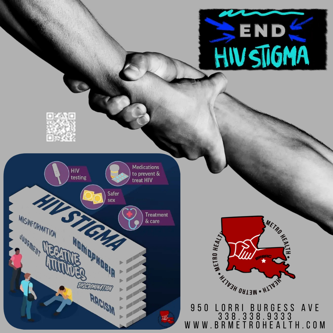 HIV stigma is the negative attitude, belief, and prejudice directed against people who have HIV. It often comes from fear, old myths about how the virus spreads, and moral judgments about a person's life. This harsh judgment can stop people from getting tested or receiving proper medical care. Don't spread fear. Spread truth. Call us at 225.338.9333 or go to https://www.brmetrohealth.com/let-s-stop-hiv for facts about HIV education, prevention, and treatment. #StopHIVStigma #brmetrohealth #EndHIVStigma #KnowTheFacts