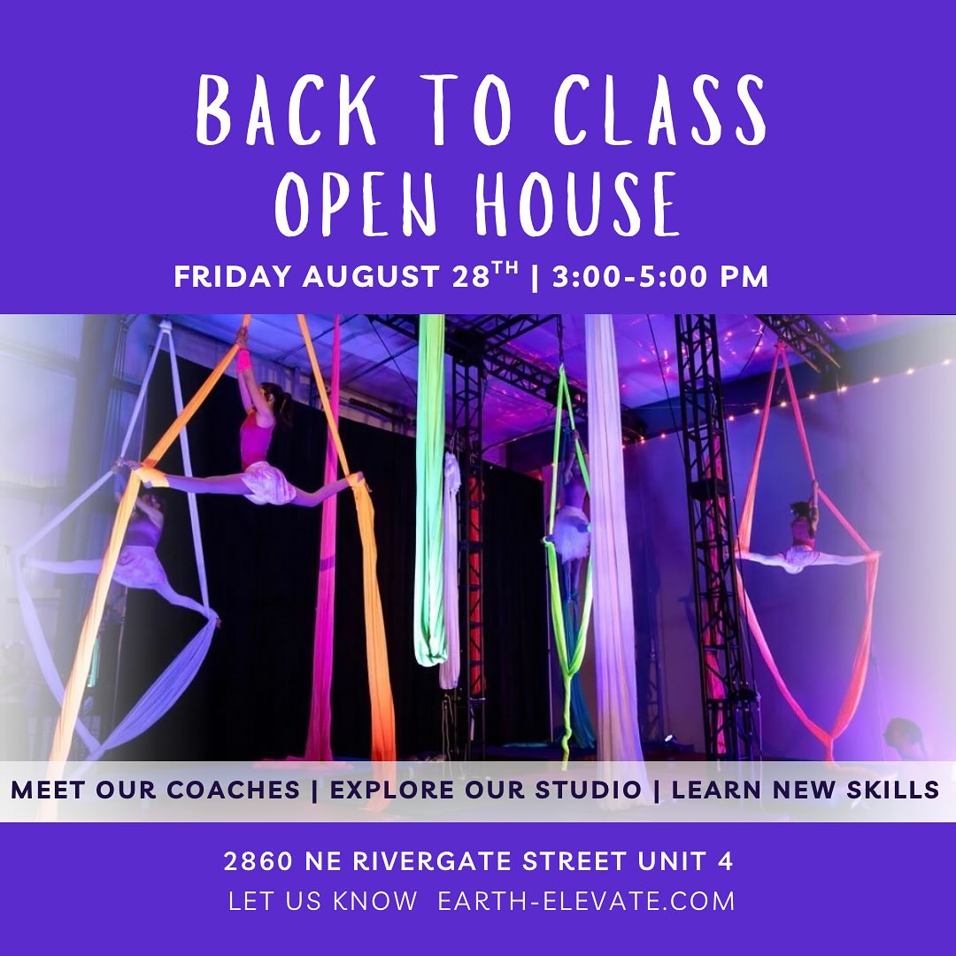 ✨ BACK TO CLASS OPEN HOUSE! ✨
Come see what Earth & Elevate is all about!
📅 Friday, August 28
⏰ 3:00–5:00 PM
Meet our coaching team, try out some aerial skills, explore the studio, and learn more about our classes and programs for the upcoming season! 🎪
Let us know you’re coming by signing up online, or just pop in the day of—we’d love to see you!
✨ New and curious students welcome. Come hang, climb, spin, and find your place in the air!