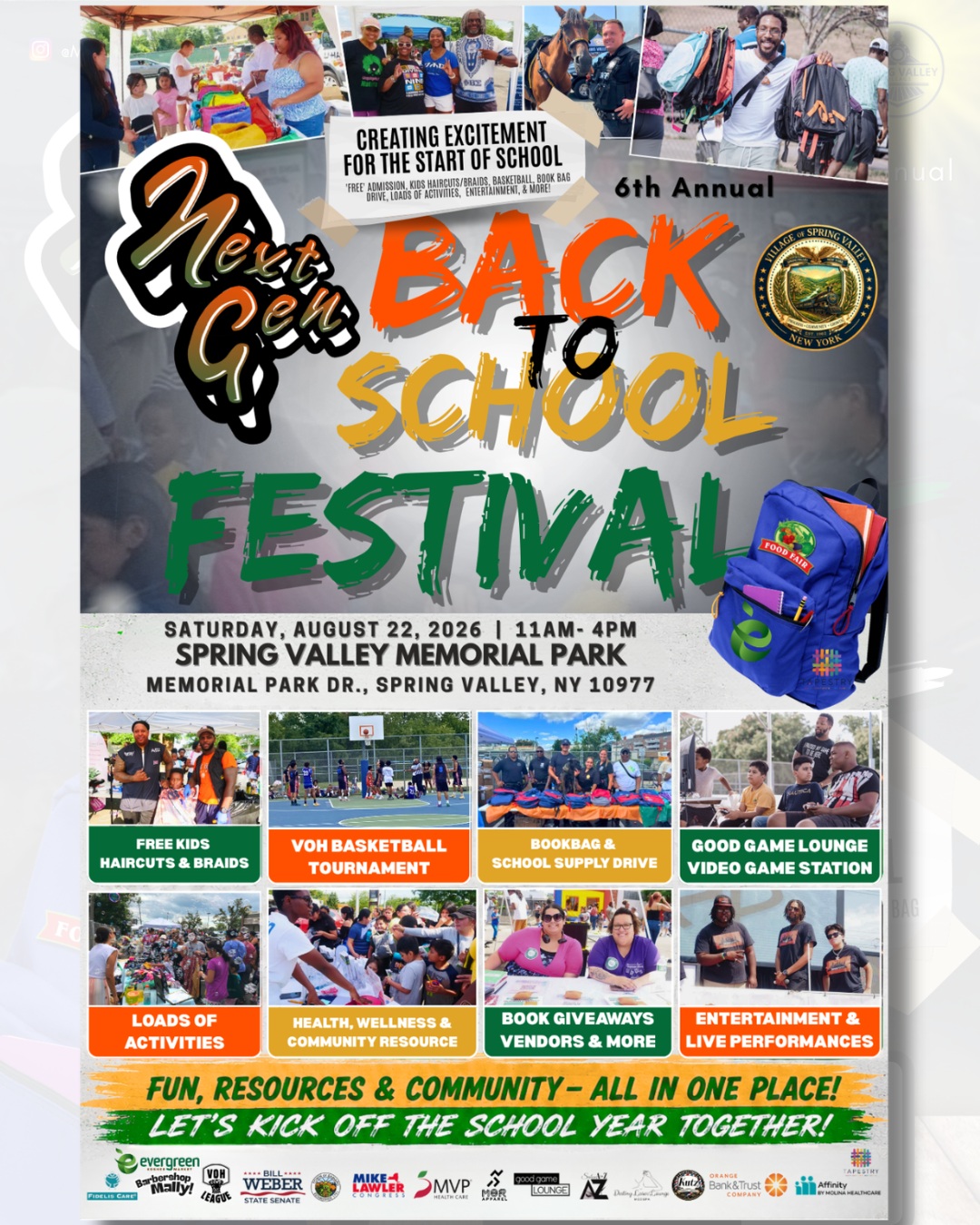 Join us on Saturday, August 22, 2026, at Spring Valley Memorial Park as we provide local students and families with school supplies, backpacks, free haircuts, community resources, entertainment, and so much more.
We're looking for sponsors, vendors, and community partners to help us make this year's festival our biggest and best yet!
⭐ Become a Sponsor and make a lasting impact on local youth.
🛍 Become a Vendor and showcase your business to hundreds of families from across Rockland County.
🤝 Community Organizations are invited to share valuable programs and resources.
📅 Save the Date: Saturday, August 22, 2026
📍 Spring Valley Memorial Park
Register today:
https://www.zeffy.com/en-US/ticketing/6th-annual-back-to-school-festival
Together, we're helping students start the school year prepared, confident, and ready to succeed.
#BackToSchoolFestival #HudsonValley #VendorOpportunity #SupportOurStudents #BackToSchool2026