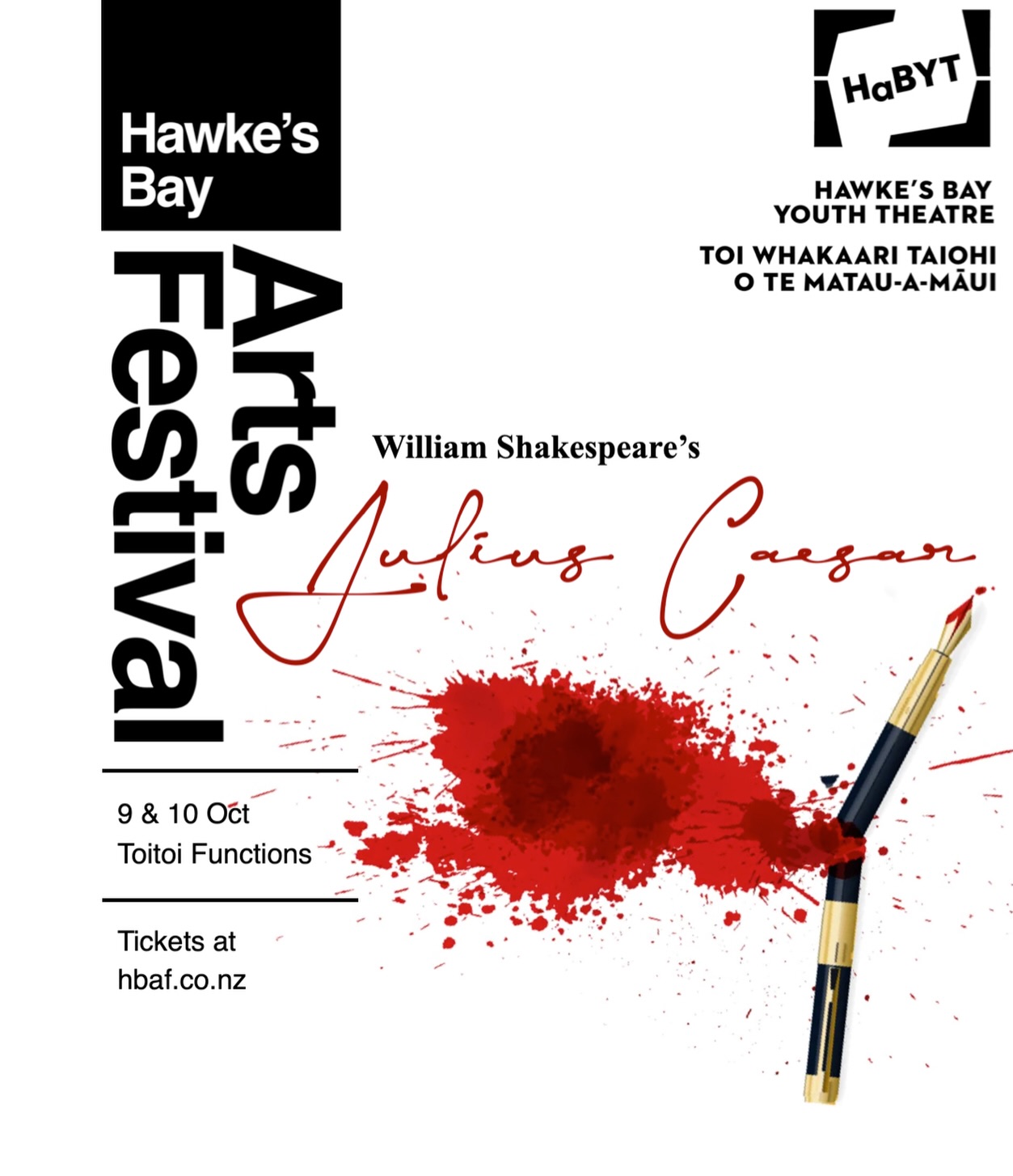 Tickets for Julius Caesar are live!
Painted on a canvas of absolute power, unquestioning loyalty, and escalating violence, Hawke’s Bay Youth Theatre Toi Whakaari Taiohi o Te Matau-a-Māui presents Shakespeare’s enduring play at a time when questions of democracy, and the essence of the human spirit, seem, now as then, in danger of shivering into obscurity.
Caesar’s climb to prime influence and power in a democratic state, and the conspiracy that destroyed what it sought to save, live on as a reminder to future history of the cost of absolute dictatorship, and of violent revolt.
Presented in the traverse, filtered through the lens of gender, and filled with dynamic physical theatre and combat sequences, this contemporary production of Julius Caesar spans a grappling dilemma of power and justice, liberty and duty, love and violence.
Performed by HaBYT Senior Company and Associates and directed by Jandyra Maciel and Peter Cottrell as part of the Hawke’s Bay Arts Festival at Toitoi Functions.
Friday 9 October 7.30pm
Saturday 10 October 3pm
Saturday 10 October 7.30pm
Ticket link in highlights.