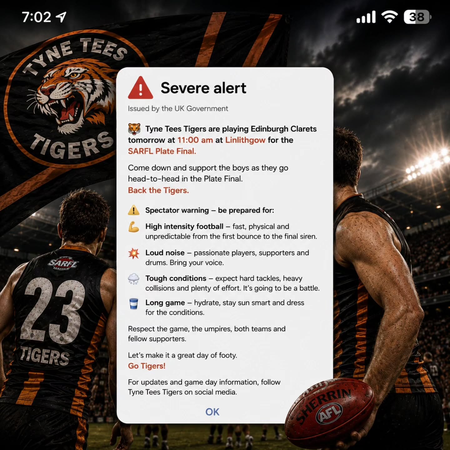 🚨 UK ALERT ISSUED.
Cause: Tigers on the loose. 🐯
Linlithgow. Tomorrow. 11am. 💛🖤
#TyneTeesTigers #SARFL #AFLScotland #PlateFinal #GoTigers