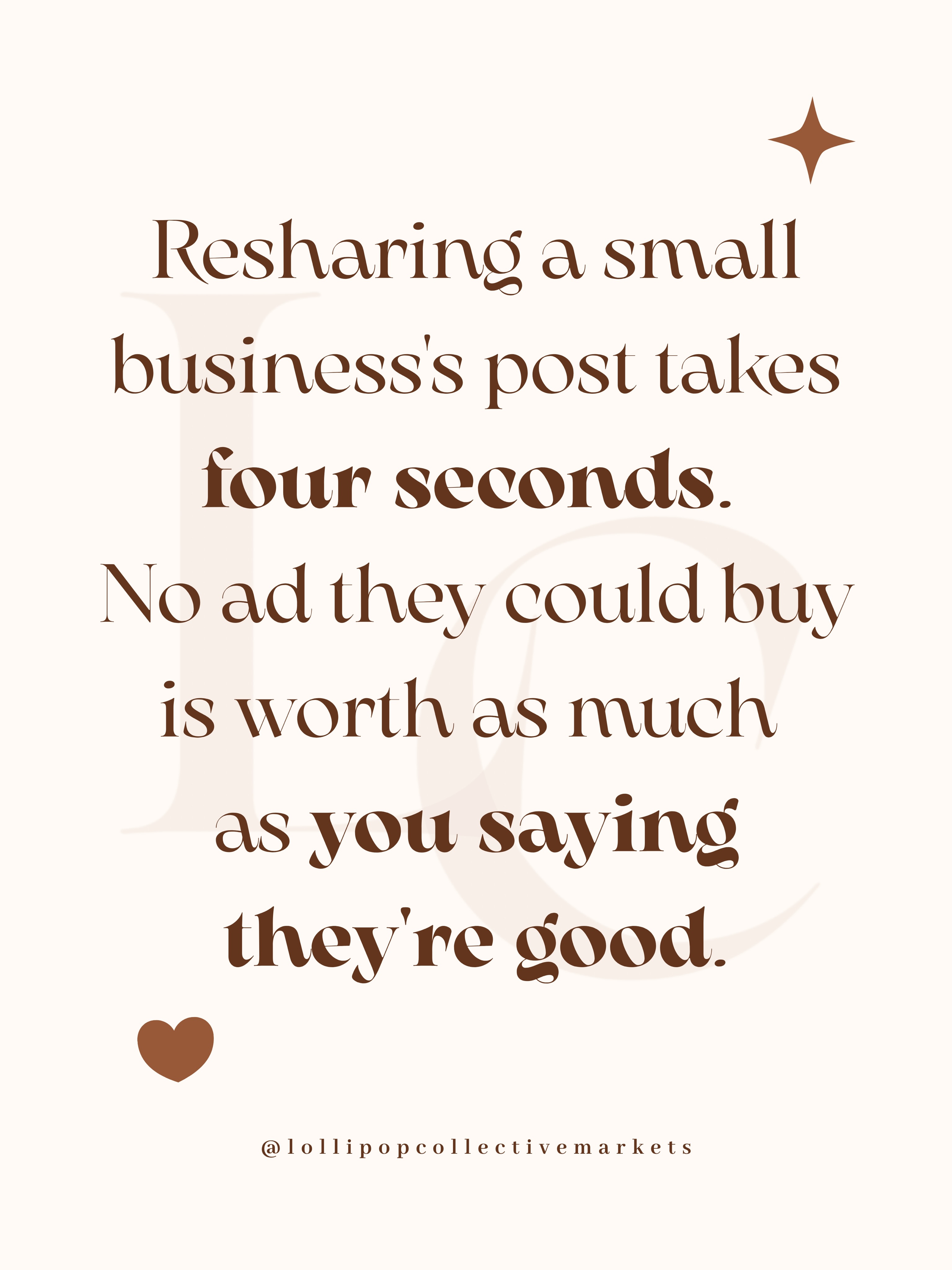 Four seconds. That’s the whole ask. ✨
You already do it for memes, for songs, for a good sunset. Do it for a small business you love and watch what happens, because a recommendation from you lands differently than any ad ever could. Your friends trust you. That’s the entire magic. 🧡
One share puts them in front of people who’d never have found them. One of those people orders. Then they tell someone. 🌱 That’s how small businesses grow - not with budgets, with word of mouth that just happens to live on a phone now. 🤞🏼
You’ve got a share button and good taste. Powerful combination!☀️
Tag a small business whose next post you’re going to reshare 👇