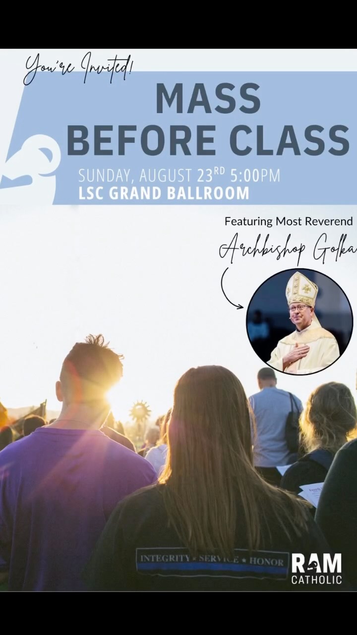 Welcome back, Rams!!!🙈🤍Please join us in kicking off the new school year with our Mass Before Class on Sunday, August 23rd at 5PM on campus in the Lory Student Center Grand Ballroom!
We will also be having a Welcome Back BBQ at the church to follow, so don’t miss out on a free dinner. We cannot wait for a night of celebration, yummy food, welcoming new & returning students, and lots of good community! Our church’s address is 1220 University Ave. 🐏
P.S. Archbishop Golka will be coming to town to celebrate the Mass with us🤭see you there!
#ramcatholic #coloradostateuniversity #stjohns #fortcollins #catholic