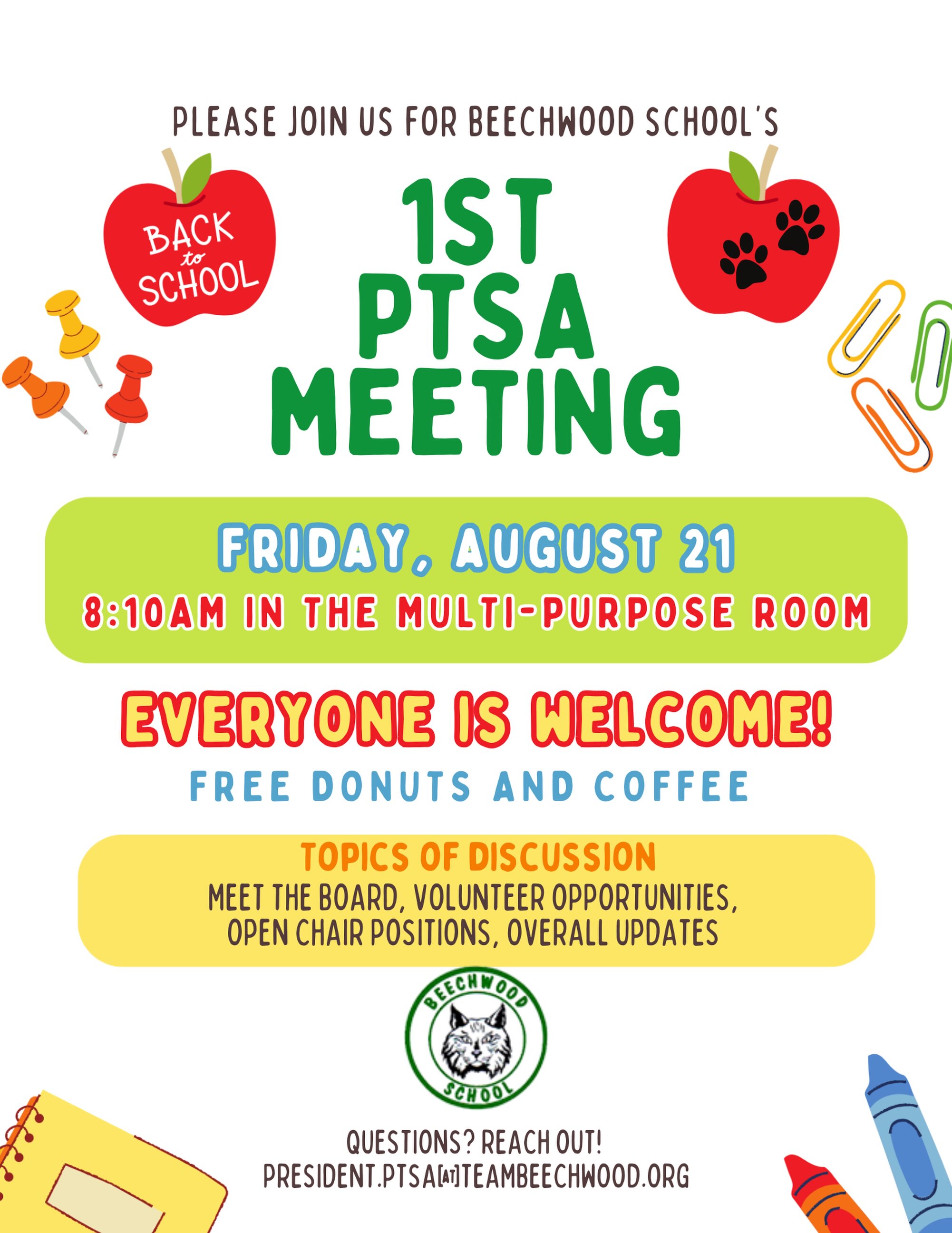 Please join us for the 1st PTSA Association Meeting of the year!
🗓️This FRIDAY, August 21 at 8:10am
📍MPR
🍩Come grab a donut and coffee
Meet fellow parents, hear from administration and learn about upcoming events and ways to get involved. Hope to see you there!
#TeamBeechwood 💚🐾