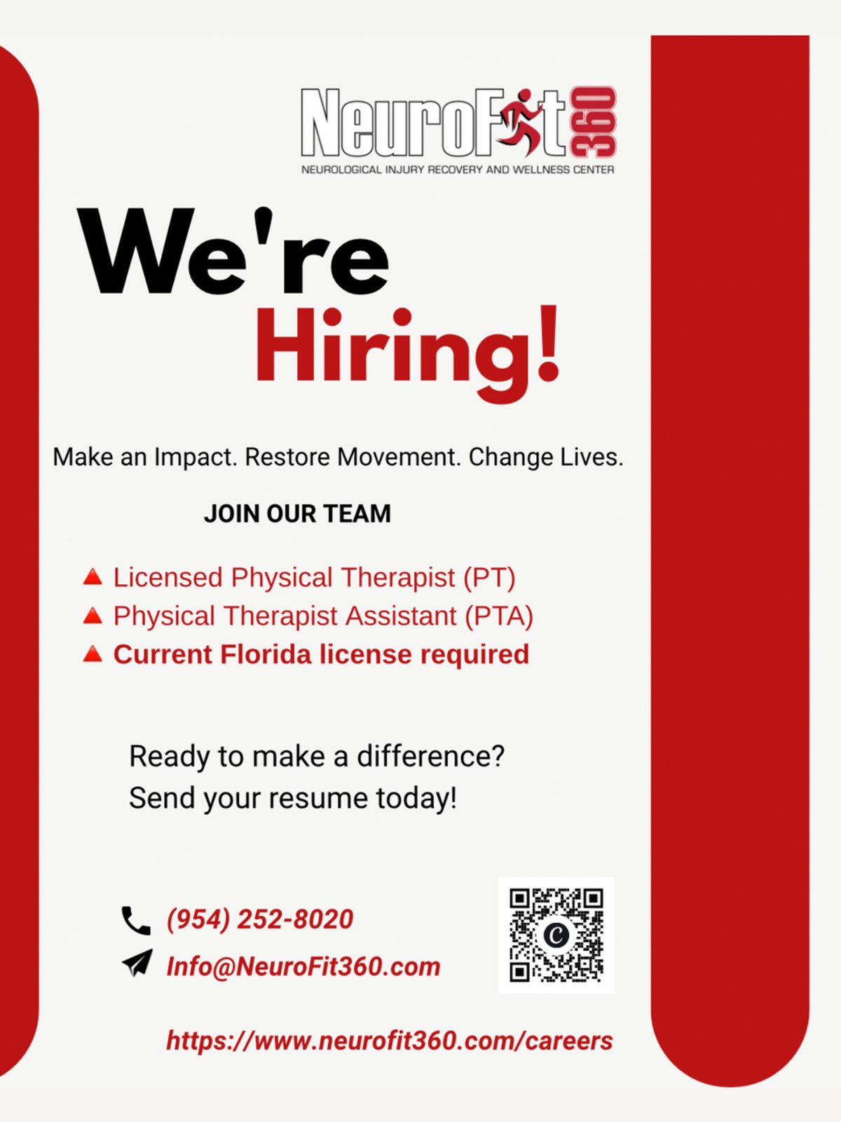 🚨 WE’RE HIRING! 🚨
Do you have a passion for helping people move, heal, and get stronger? 🧠💪✨
We’re looking for passionate, dedicated team members to join our physical therapy & neurological rehabilitation team!
If you’re ready to make a real impact, grow your skills, and be part of a team that truly cares about our patients — we want to hear from you! 🤍
📩 Think you’re a great fit? Send us your resume or DM us today!
Come grow with us. Come make a difference. 🧠💙
#WeAreHiring #NowHiring #PhysicalTherapy #NeuroRehab #NeurologicalRehabilitation PhysicalTherapist PTJobs HealthcareJobs JoinOurTeam HiringNow