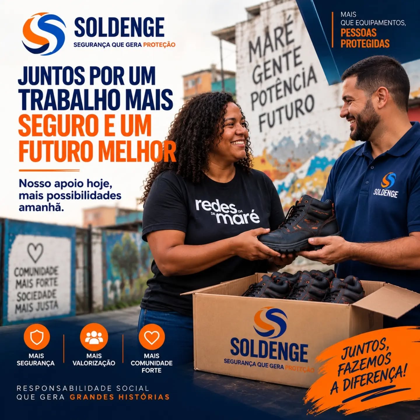 💙🦺 Segurança também é cuidado com quem faz a diferença todos os dias.
A Soldenge teve a satisfação de contribuir com a Associação Redes de Desenvolvimento da Maré (Redes da Maré) por meio da doação de pares de botas de trabalho, que serão utilizados pela equipe do Setor Operacional.
Receber este agradecimento reforça algo em que acreditamos: equipamentos de proteção vão muito além do ambiente de trabalho. Eles representam cuidado, prevenção e valorização das pessoas.
Agradecemos à Redes da Maré pelo reconhecimento e, principalmente, pelo trabalho desenvolvido diariamente.
🤝 Seguimos fazendo a nossa parte, porque proteger quem trabalha também é uma forma de contribuir para a sociedade.
#Soldenge #ResponsabilidadeSocial #SegurançaDoTrabalho