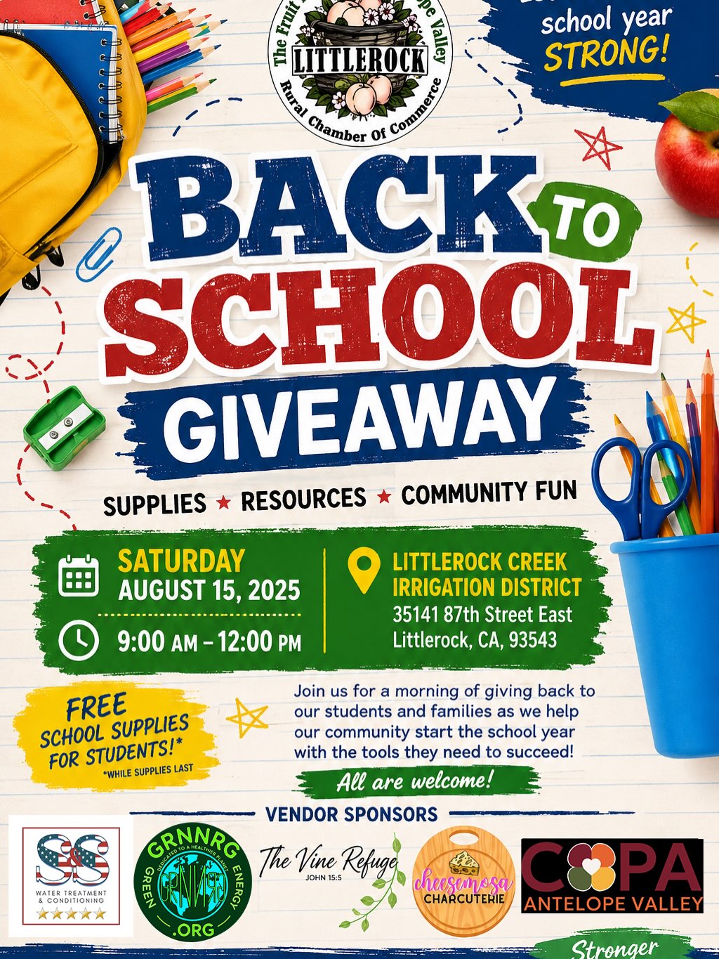 Yesterday’s Back-to-School Giveaway was a wonderful celebration of community! 🎒✏️📚
Families joined us at the Littlerock Creek Irrigation District for a morning filled with school supplies, helpful resources, giveaways, and plenty of smiles. GRNNRG.org was proud to participate with a community booth, passing out supplies and fun swag while connecting with local students and families.
A huge thank-you to the Littlerock Rural Chamber of Commerce @lrcc661 , Community Partners of Antelope Valley @copa_av, @cheesemosa_charcuterie @thevinerefuge @godjentertainment, sponsors, volunteers, and everyone who helped make this event possible. We loved seeing our community come together to help local students begin the new school year feeling prepared, supported, and excited!
See you at our next cleanup event Saturday Sept 5!
#BackToSchoolGiveaway #LittlerockCA #CommunitySupport #GRNNRG