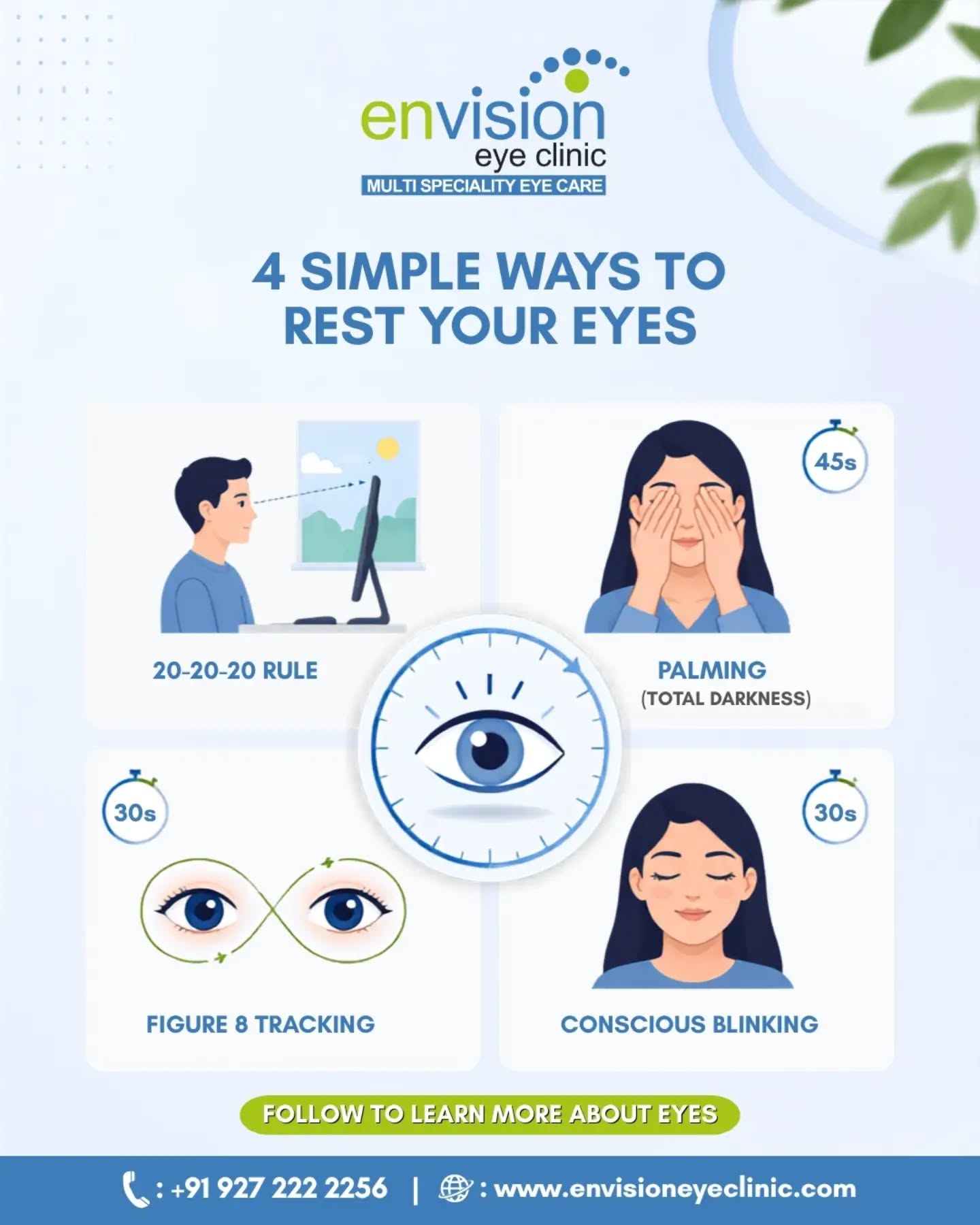 ๐งโโ๏ธ Give your eyes a little break.
Simple habits like the 20-20-20 rule, conscious blinking, palming, and eye tracking can help reduce everyday eye strain.
(eye strain, eye relaxation, 20-20-20 rule, screen time, eye care, healthy vision)
๐ 2nd Floor, Shivraj Apartments, Near Parihar Chowk, Aundh, Pune, Maharashtra 411067
#EyeCare #EyeStrain #ScreenTime #HealthyVision #EnvisionEyeClinic