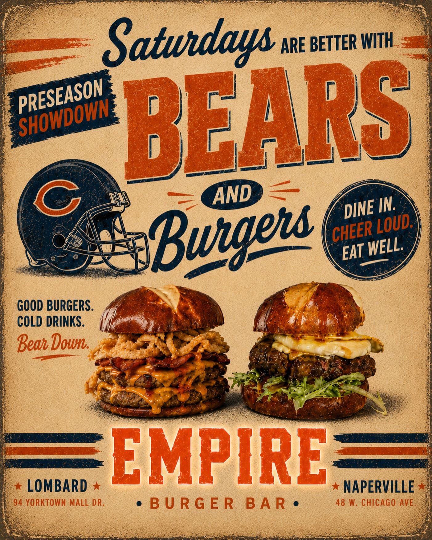 Preseason tastes better at Empire. 🐻🏈
Bear down, grab a burger, and catch the Bears vs. Bengals with us at Empire Naperville + Lombard. Big screens, cold drinks, and plenty of reasons to stay through the fourth. 🍔🍺
Catch the Bears vs Bengals preseason game tomorrow @ 6 PM 🙌🏼🙌🏼🙌🏼🙌🏼
#EmpireBurgerBar #BearDown #ChicagoBears #BearsFootball #NFLPreseason