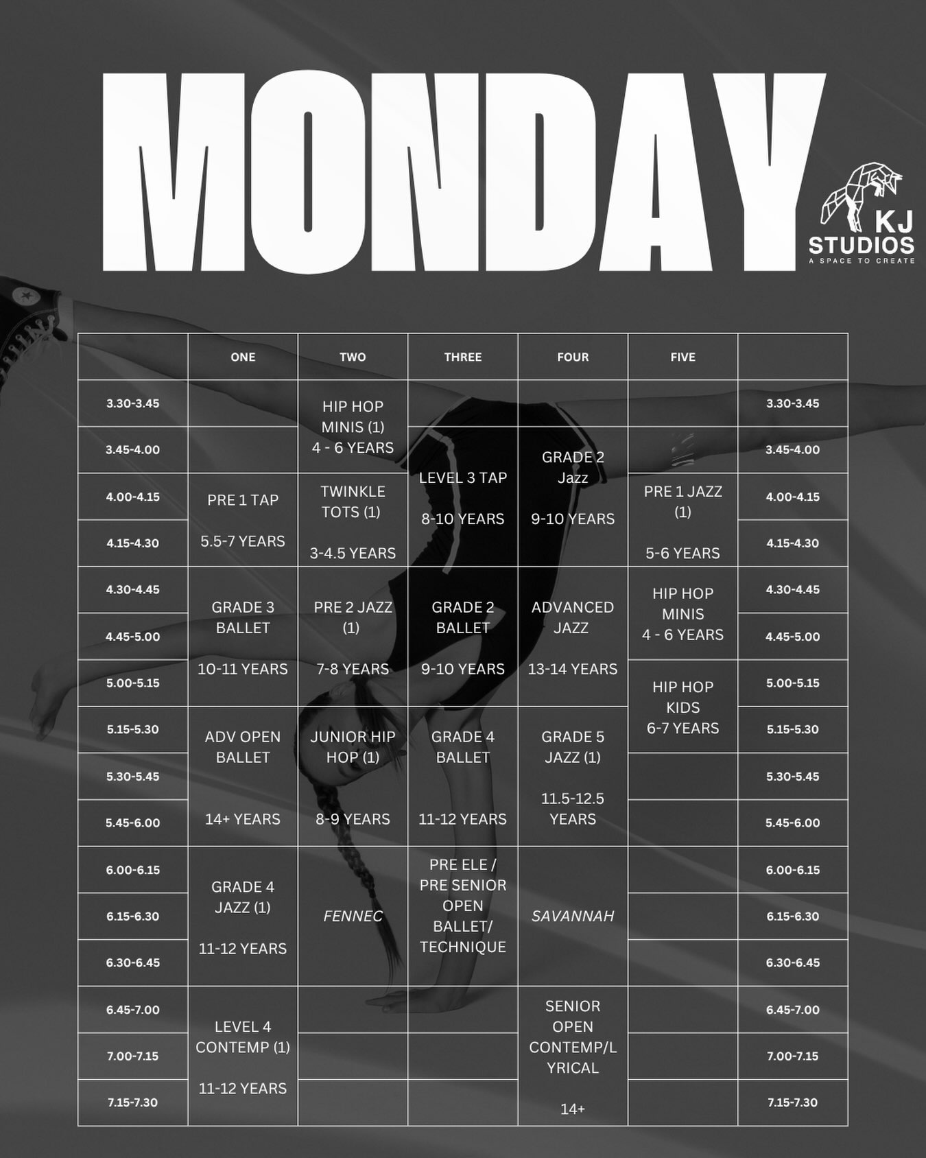 MONDAY OPEN CLASSES 💥 COME ONE, COME ALL!
OPEN WEEK starts TODAY and Monday is stacked with classes to jump into! 🦊✨
All classes are FREE to trial, so bring your mates, try a new style, add an extra class and make the most of our LAST intake for 2026!
⚠️ Classes shown in italics are NOT open for trial.
No need to already be a KJ dancer, everyone is welcome!
See you in the studios 👋
LET’S DANCE! 🦊🦊