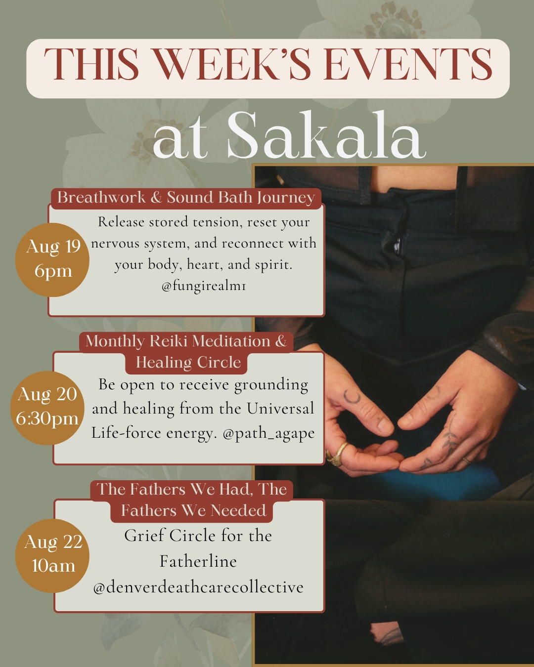 Swipe through to see what’s happening this week at Sakala ✨
Come breathe, soften, reconnect, receive, and make space for whatever you’re moving through.
This week’s offerings include breathwork, sound healing, Reiki, grief support, restorative yoga, ceremony, massage, energy healing, and more- all held by incredible practitioners within the community.
Whether you’re craving deeper connection, nervous system support, healing, rest, or simply a moment to come back to yourself, there’s a space for you here. 🤎
Join us for whatever feels the most nourishing by clicking the link in bio 🥰
#denverevents #denverhealing #denvereventspace #sakaladenver #eventsindenver