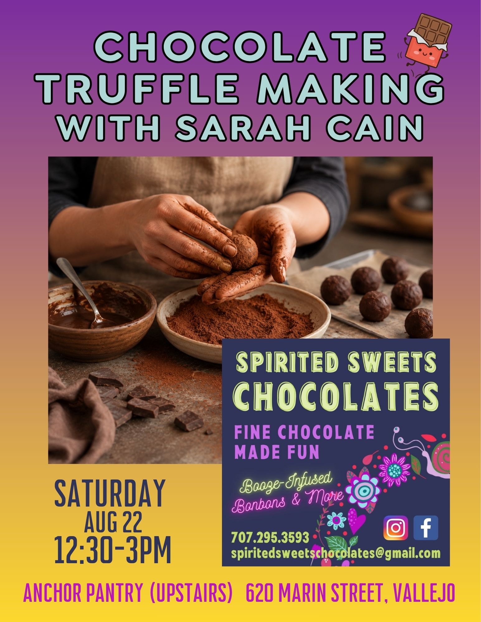 Never made chocolate before? No problem! 🍫 Next Saturday, Aug 22, from 12:30–3 PM, join Sarah Cain of Spirited Sweets Chocolates for a completely beginner-friendly Chocolate Truffle Making class upstairs at Anchor Pantry in Downtown Vallejo.
For $65, we'll provide all the tools, ingredients, and recipes you need to walk out with 24 handmade truffles, with sweet gift packaging (if you can bear to let them go!). You'll also get bonus recipes to recreate your chocolate creations easily at home.
Only 5 seats left, and registration locks this Thursday, Aug 20, so we can prep ingredients. Tap the link in the @spiritedsweetschocolates bio to join the fun!