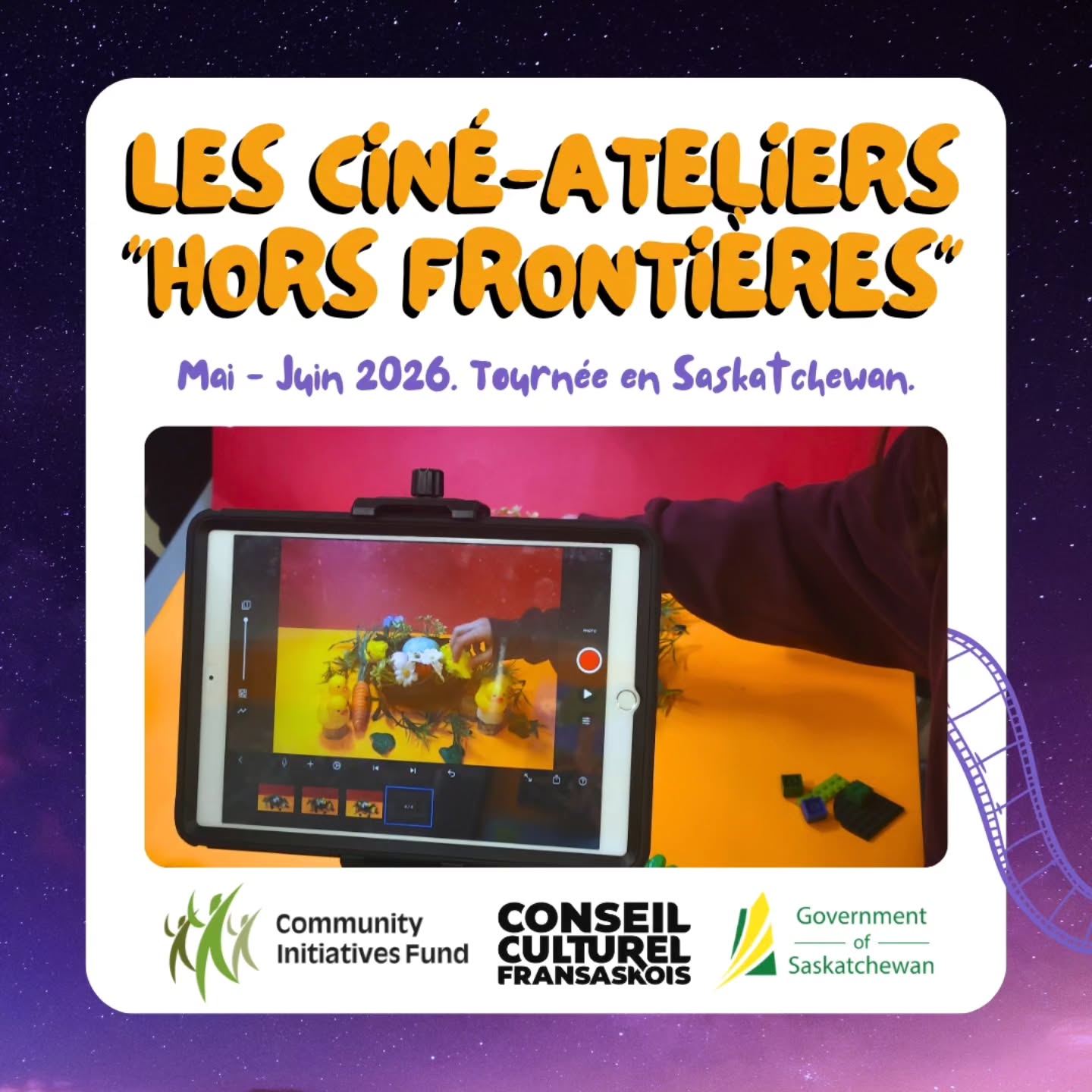 ➡️ RETOUR sur les CINÉ-Ateliers "Hors Frontières": Tournée en Saskatchewan. 📽
De mai à juin 2026 nos animateurices se sont déplacé.e.s jusqu'à différentes communautés dans la province pour offrir gratuitement de merveilleux ateliers interactifs sur l'animation en volume ("stop motion") grâce au soutien du Community Initiatives Funds et du Conseil Culturel Fransaskois. ✨️
Les élèves ont pu apprendre et créer leurs propres courtes vidéos animées tout en s'amusant en parlant en français! ⚜️
NOS SUCCÈS:
✨️ Les CINÉ-Ateliers ont tourné dans 5 communautés saskatchewanaises, dont 3 rurales.
✨️ Nous avons rejoint 601 élèves de la 3e à la 10e année de 9 écoles francophones ou d’immersion
✨️ Avec un total de 27 ateliers donnés en 1.5 mois
Témoignage:
"Nous, École St Pius_X, tenons à vous remercier sincèrement pour la qualité de l’atelier que vous avez animé. Votre expertise, votre dynamisme et la pertinence des contenus partagés ont grandement contribué à enrichir nos élèves. Les élèves ont particulièrement apprécié les échanges et les activités proposées, qui étaient à la fois stimulants et concrets. Merci encore pour votre engagement et votre générosité dans le partage de vos connaissances."
- Armel Alla.
🍎 MERCI aux écoles participantes:
• Saskatoon: Ecole College Park School, Ecole Victoria School, École Lakeview School
• Regina: St Pius_X Catholic School, W.S. Hawrylak, Ecole Massey School
• Weyburn: Assiniboia Elementary school
• Yorkton: Sacred Heart High School
• Saint-Isodore de Bellevue: Ecole St - Isidore
🙏🏻 MERCI aux animateurices:
• Älva Jouband-Uusitalo
• Gabrielle Dufresne
MERCI aux bailleurs de fonds:
• Community Initiatives Funds
• Conseil Culturel Fransaskois
• Gouvernement de la Saskatoon
➡️ Pour voir les projets, toutes les vidéos des élèves sont disponibles sur notre chaine YouTube: youtube.com/@festivalcinergie
Nos ateliers continueront en mai-juin 2027 à Saskatoon! Pour toutes demandes ou questions merci de contacter scolaires@cinergiesk.ca