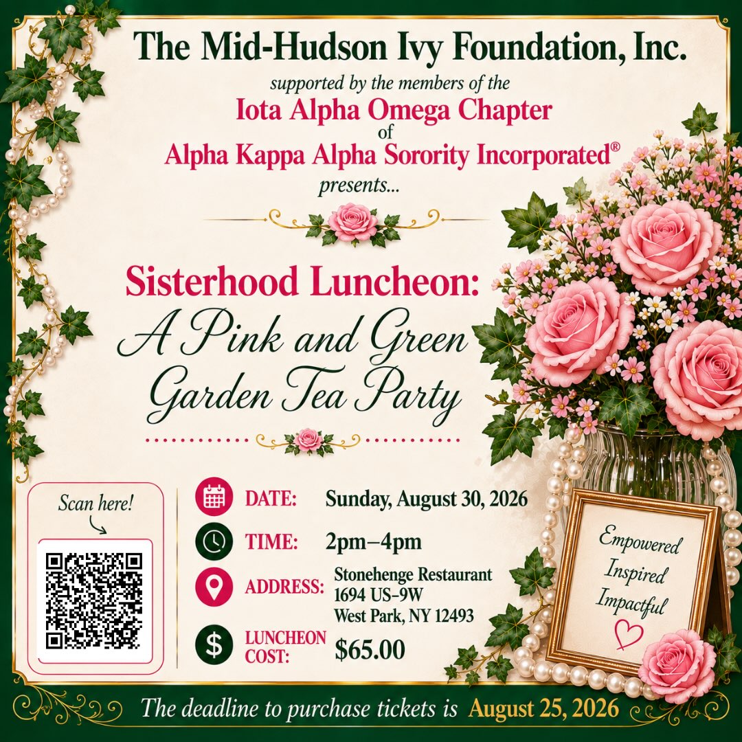 ✨This event is open to the public!✨
Join us for our Sisterhood Luncheon: A Pink & Green Garden Tea Party on Sunday, August 30, 2026, from 2:00 PM–4:00 PM. 💕💚🌸
🎟️ Tickets are still available!
🔗 Purchase your ticket today using the link in our bio.
We look forward to seeing you there!
#alphakappaalphasororityincorporated #iotaalphaomega #midhudsonivyfoundation