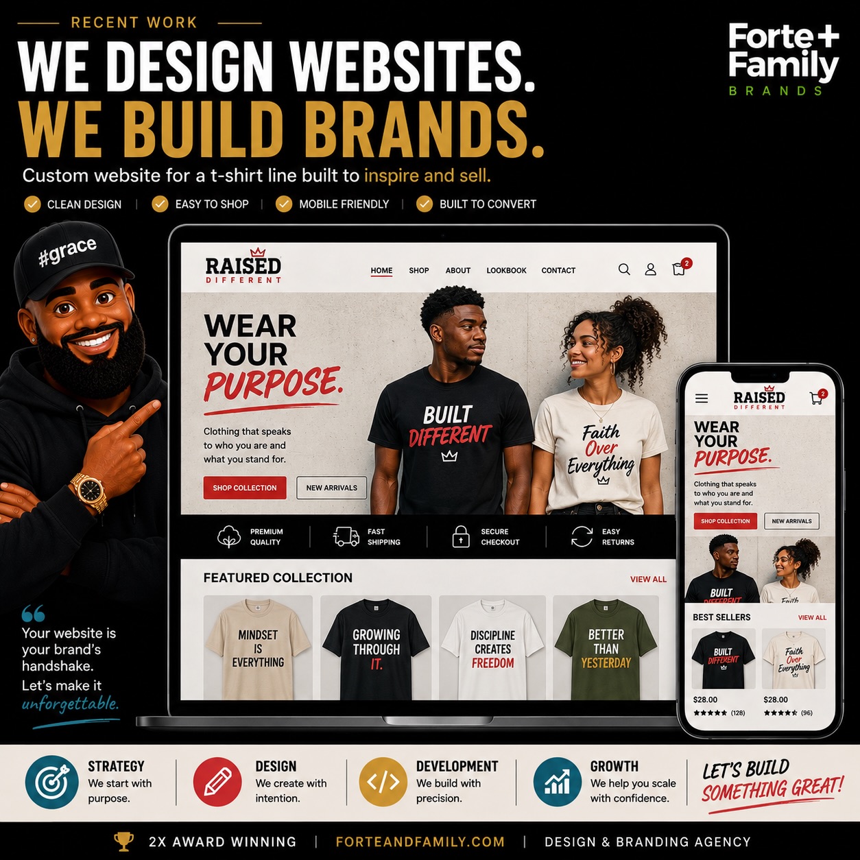 Your website should do more than just look good—it should help build your brand. 💻🔥
From desktop to mobile, we create experiences that make your business feel professional, memorable, and ready to grow.
For brands like this T-shirt line, that means showcasing the product, telling the story, and making it EASY for customers to shop.
Great products deserve a great digital home. Let’s build yours. 🚀
#forteandfamilybrands #webdesign #branding