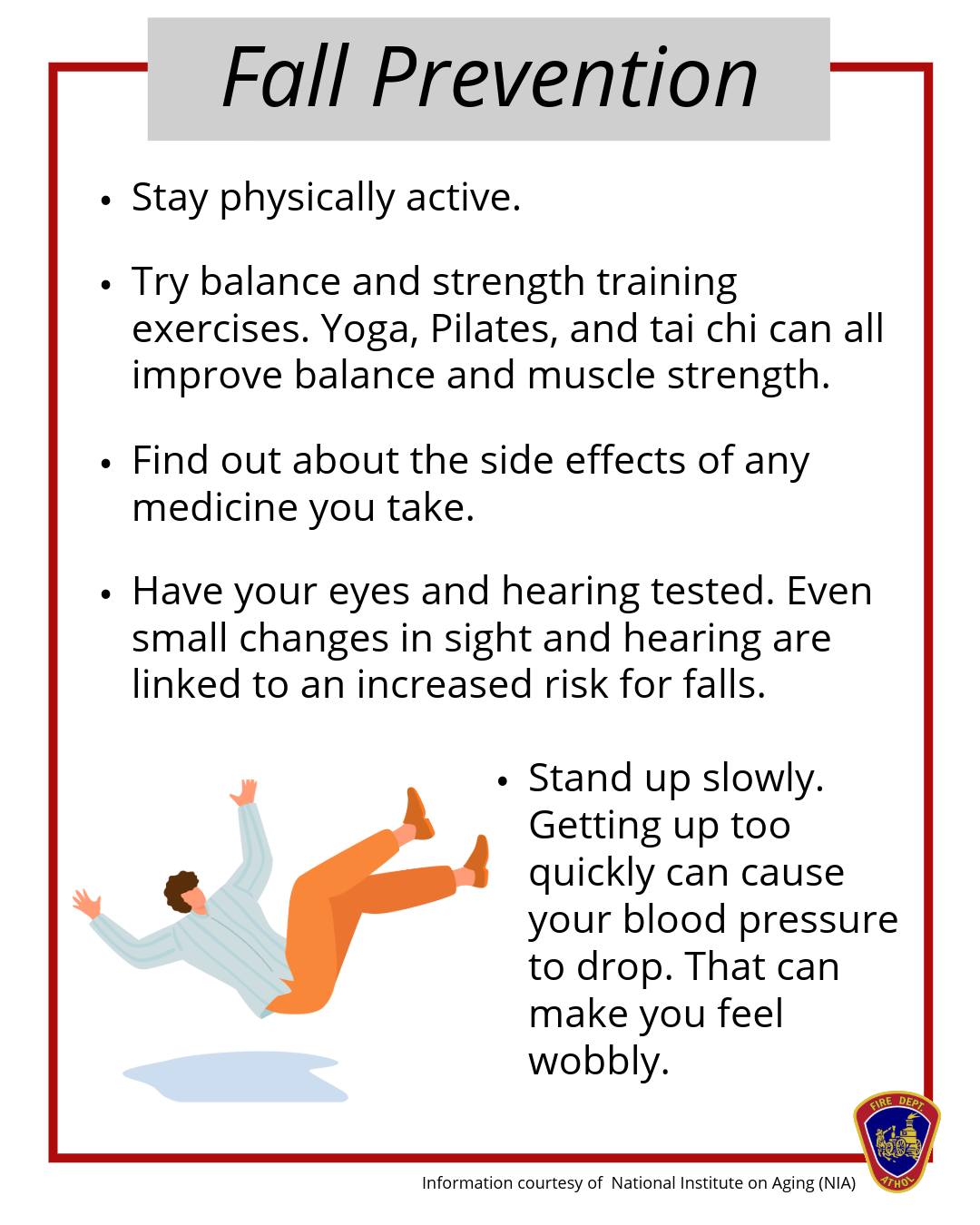Falls are a leading cause of injury among older adults—but many can be prevented.
Simple changes around the home and daily routine can make a life-saving difference. Follow these essential tips to help protect yourself and your loved ones from serious fall injuries.
#AtholFD #FallPrevention #SeniorSafety #CommunitySafety