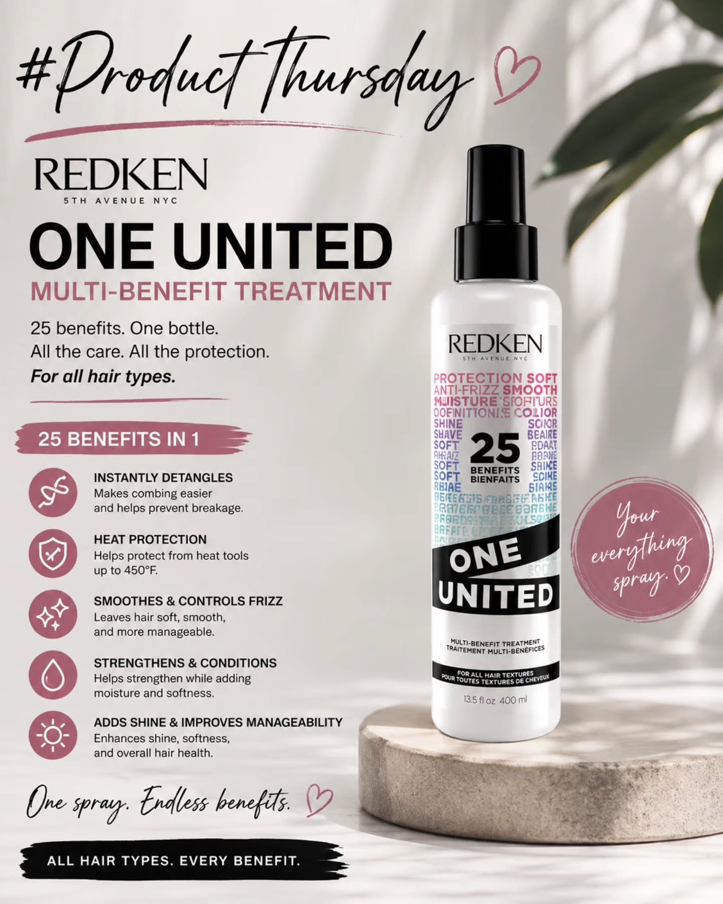 ✨ #ProductThursday ✨
25 benefits. ONE bottle. 🙌
Redken One United Multi Benefit Treatment is one of those products that earns its spot in your routine because it does a little bit of everything.
🩷 Detangles and improves manageability
🩷 Helps protect against heat
🩷 Smooths frizz and flyaways
🩷 Conditions and softens
🩷 Adds shine
🩷 Helps protect against breakage
🩷 Works for all hair types and textures
Use it on damp hair before styling to simplify your routine and give your hair a little bit of everything it needs.
One spray. So many benefits. ✨
Available at The Woodlands Hair Elite.
#RedkenHairSalon #TWHE #TheWoodlandsHairElite #TheWoodlandsHairStylist