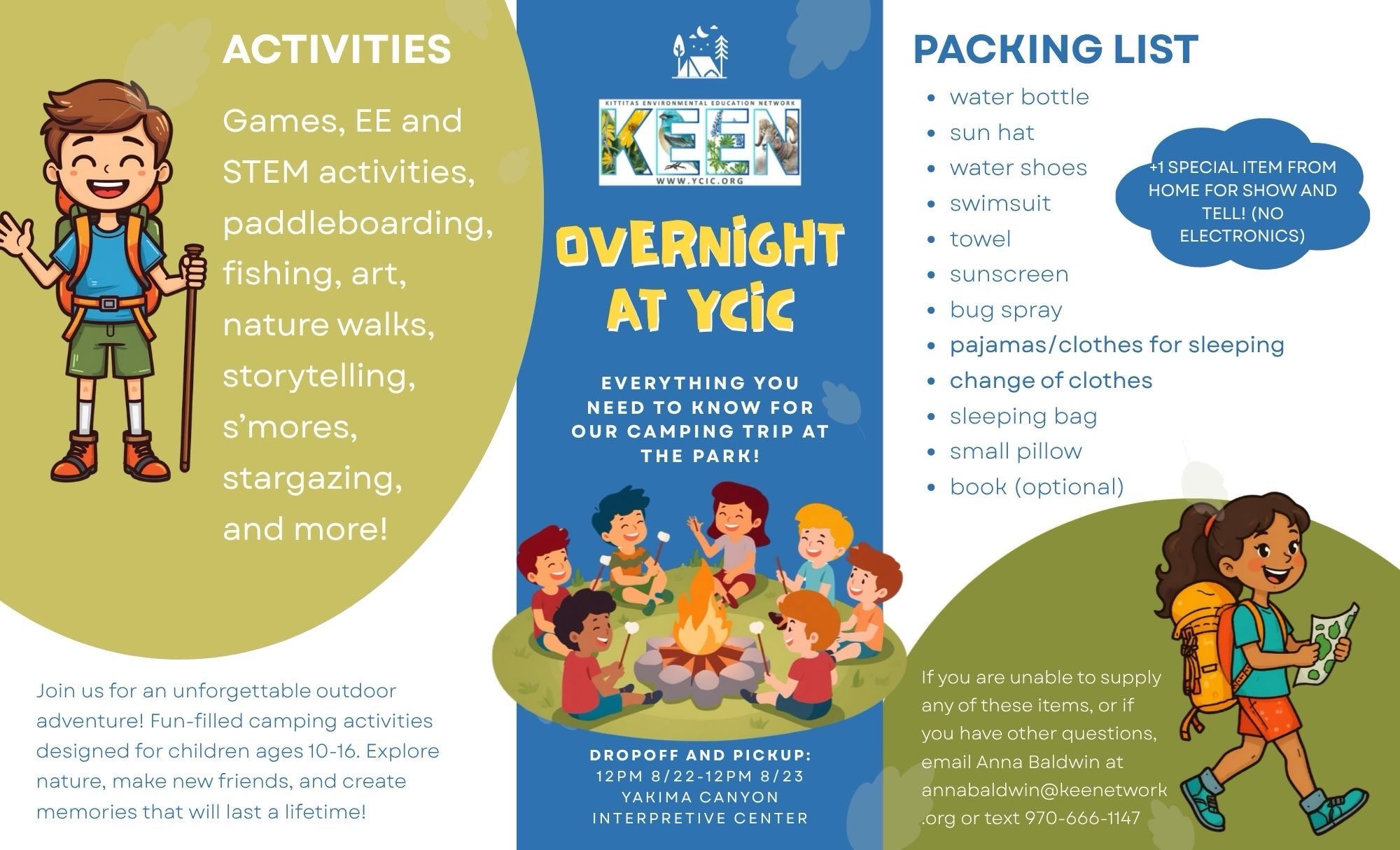 Join us this weekend, August 22-23, for our summer send off adventure! KEEN campers are spending a night outdoors at YCIC - spend a weekend playing games, making art, fishing, paddle boarding, stargazing, and telling spooky stories 🏕️
Sign up here!
https://www.cognitoforms.com/KittitasEnvironmentalEducationNetwork/_2026KEENSummerCampRegistration