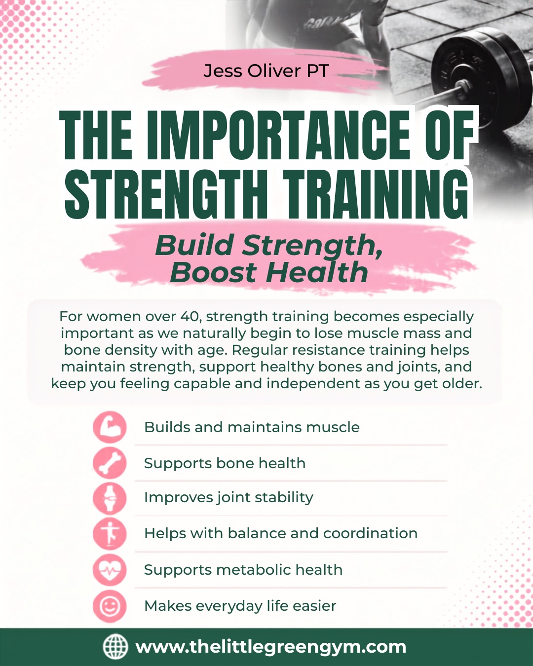 You’ve heard it all before. There’s nothing new here — but it’s time to take action for the future version of you
But why is it so important
Builds and maintains muscle — helping you stay strong for everyday activities.
Supports bone health — resistance training helps maintain bone density as you age.
Improves joint stability — stronger muscles can better support and protect your joints.
Helps with balance and coordination — which can reduce the risk of falls and injury.
Supports metabolic health — including blood sugar control and maintaining a healthy body composition.
Makes everyday life easier — carrying shopping, lifting children, climbing stairs and getting up from the floor all depend on strength.
Drop me a DM to get started, its never too late!