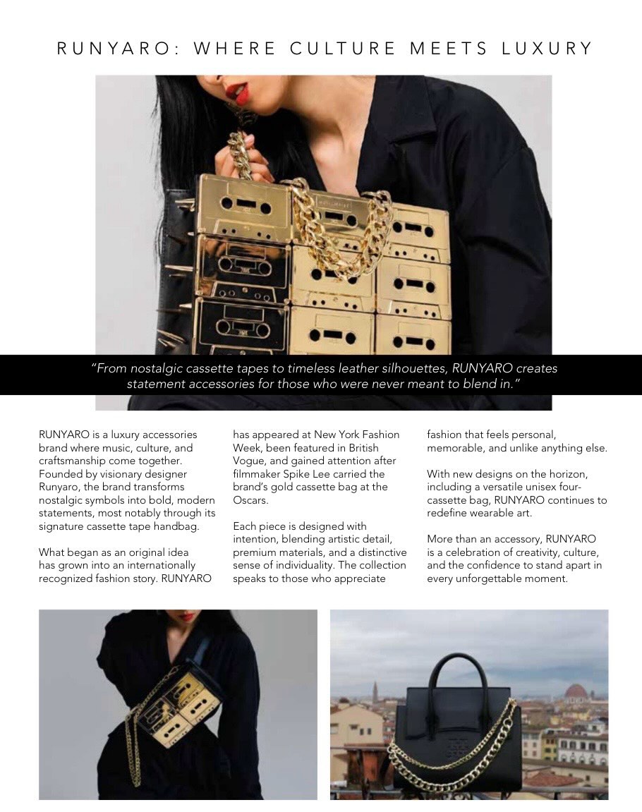 Where culture meets luxury, now in print.
RUNYARO featured in Mayfair Life Magazine, London.
A timeless vision. A global story.
#RUNYARO #WhereCultureMeetsLuxury #LuxuryAccessories #LondonPress