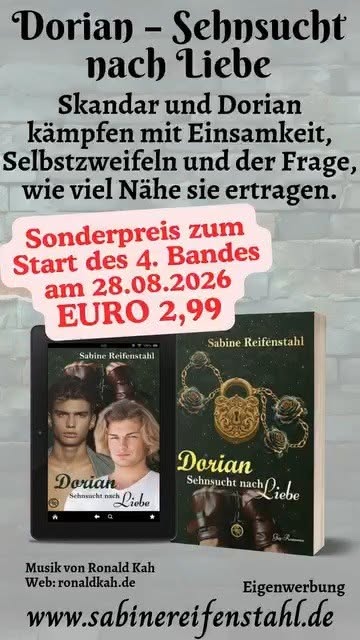 📖 Einer fühlt sich zu viel. Der andere zu wenig.
Dorian und Nicky könnten kaum unterschiedlicher sein.
Dorian hat oft das Gefühl, mit seinen Gefühlen, seinen Bedürfnissen und seiner Art einfach zu viel zu sein.
Nicky dagegen kennt das andere Extrem. Er hat so lange vermittelt bekommen, dass er nicht genug ist, dass er selbst kaum glauben kann, etwas wert zu sein.
Und mittendrin steht Skandar. ❤️
Mir gefällt seine Herangehensweise, die ruhige Art und natürlich auch sein Job als Anwalt. Und genau deshalb ist er auch in „Nicky – Ein Kätzchen fasst Vertrauen“ wieder dabei. (Kein Spoiler, nur als Freund.) 😘
Manchmal braucht es Menschen, die uns zeigen, dass wir weder zu viel noch zu wenig sind, sondern genau richtig.
Bis zum Start von »Nicky – Ein Kätzchen fasst Vertrauen« sind es noch ein paar Tage, noch genug Zeit, die Elysion-Reihe zu starten. Keine Bedingung zum Verständnis, aber …
📖 Dorian – Sehnsucht nach Liebe
Der erste Band der Elysion-Reihe.
Beide E-Books gibt es bis zum 28.08.2026 zum Sonderpreis von 2,99 €.
Musik: Ronald Kah www.ronaldkah.de
#DorianSehnsuchtnachLiebe #Elysion #GayRomance #SabineRiefenstahl #NickyEinKätzchenfasstVertrauen