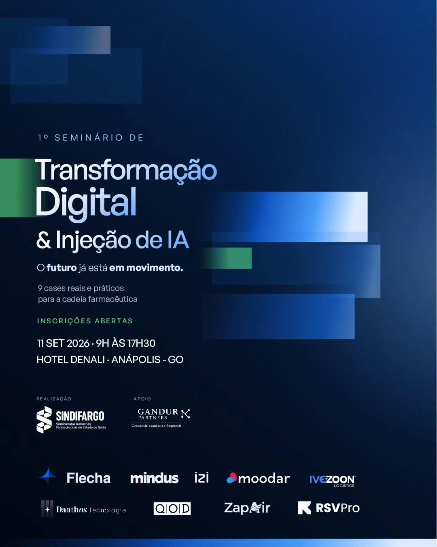 A transformação digital e a inteligência artificial já estão mudando processos em diferentes áreas da cadeia farmacêutica.
No dia 11 de setembro, o 1º Seminário de Transformação Digital & Injeção de IA reunirá nove cases reais sobre pessoas, dados, riscos, viagens, eventos, governança e operações.
📅11 de setembro de 2026
🕛9h às 17h30
📍Hotel Denali, Anápolis – GO
As inscrições estão abertas e as vagas são limitadas à capacidade do auditório.
Acesse o link da bio e garanta sua vaga.
#Sindifargo #TransformaçãoDigital #InteligênciaArtificial #IndústriaFarmacêutica