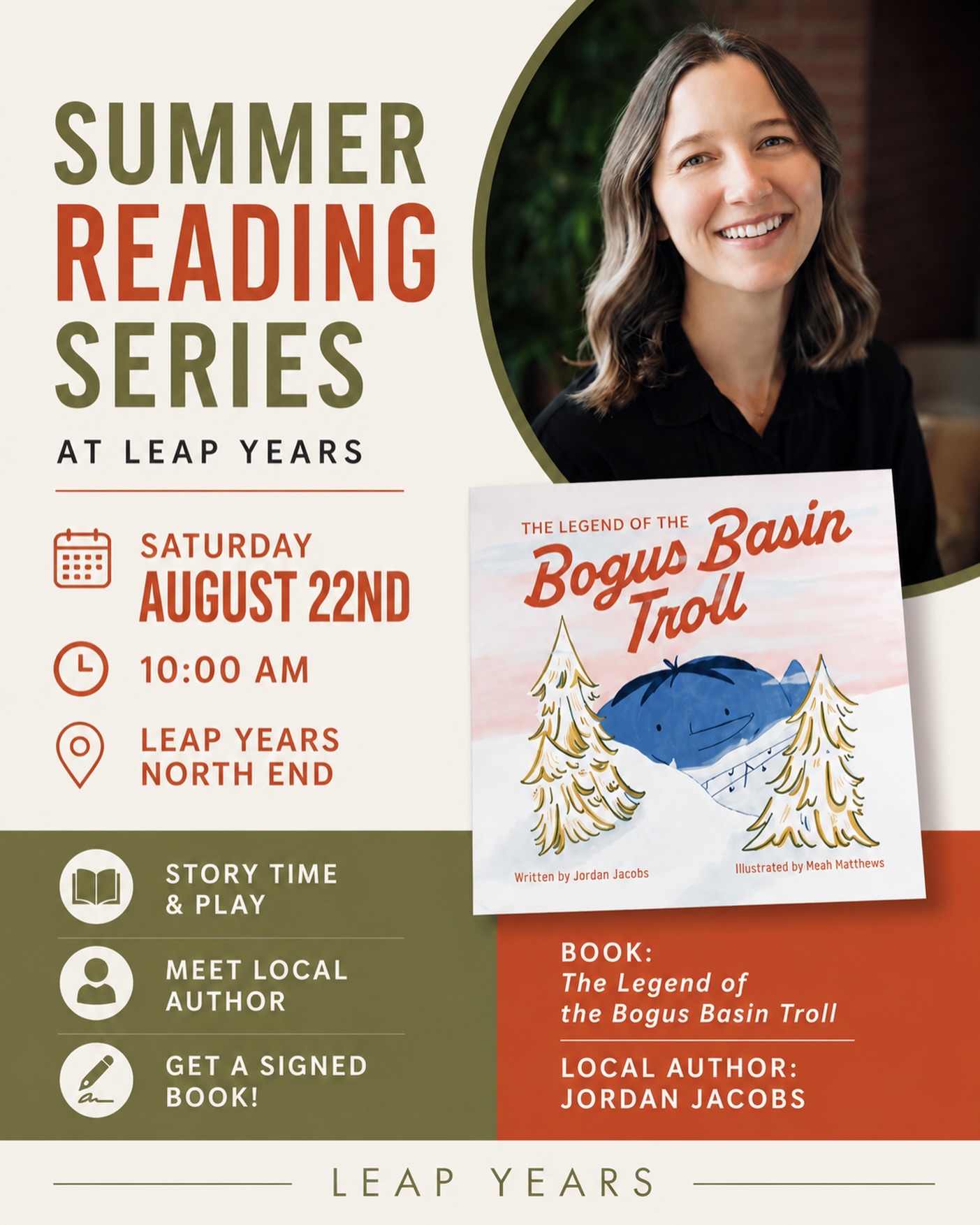 📚 Summer Reading Series at Leap Years!
Join us this Saturday, August 22 at 10 AM at Leap Years North End for story time + play featuring The Legend of the Bogus Basin Troll.
Meet local author Jordan Jacobs, hear the story, and take home a signed book! 🏔️📖
📍 Leap Years North End
🗓 Saturday, August 22
⏰ 10 AM
Come play, read, and celebrate a local Idaho story with us!