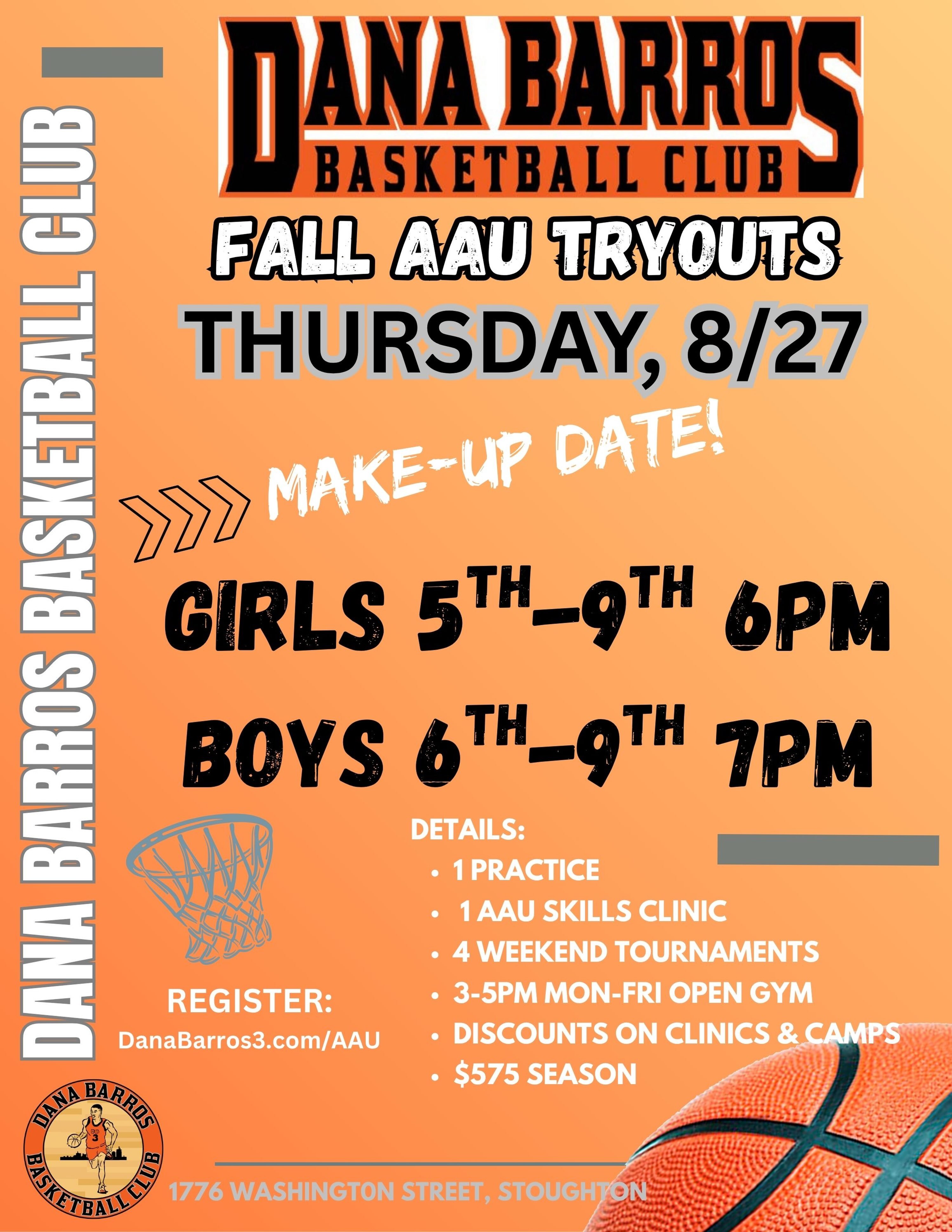 Fall AAU Make-up Tryouts Thursday 8/27 Girls 5th - 9th 6PM & Boys 6th - 9th 7PM. Danabarros3.com/aau to register. #danabarrosbasketballclub #dbyl #dbskillstrainingacademy #aaubasketball #makeupdates