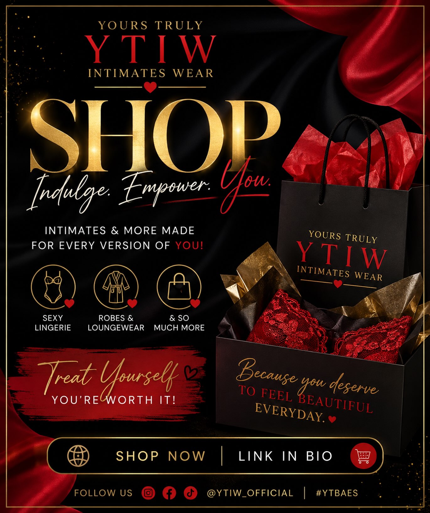 ✨ YOUR TRULY INTIMATES WEAR ✨
Indulge in something that makes you feel confident, beautiful, and unapologetically YOU. ❤️ Shop our sexy lingerie, robes, loungewear & more—because you deserve to feel good every day! 🛍️✨
SHOP NOW — LINK IN BIO!
#YTIW #YTBae #IntimatesWear #ShopSmall #TreatYourself