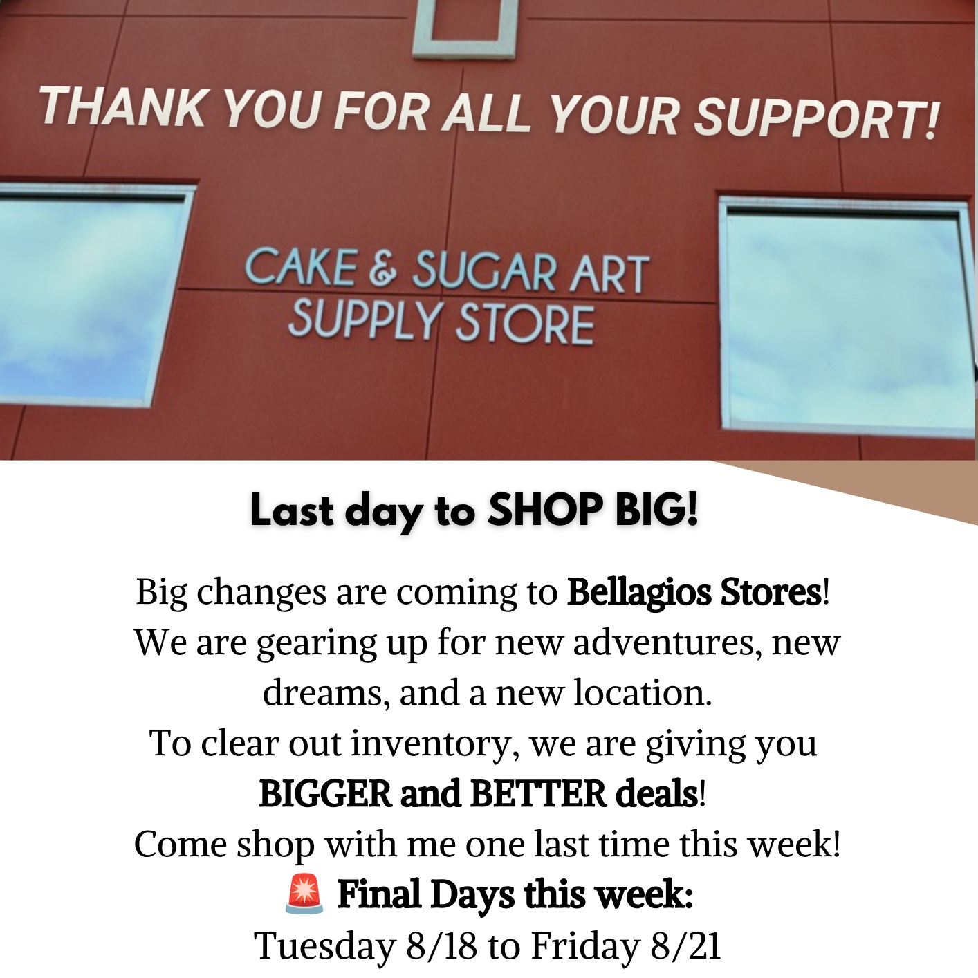 We're moving online! To prepare for the launch of our brand-new online store platform on September 1st, 2026, Bellagios will be closing its physical storefront. Our last day of in-person shopping is August 21st until 5:00 PM. We would love to see you one last time—stop by to enjoy massive discounts on your favorite major brands and stock up your pantry!