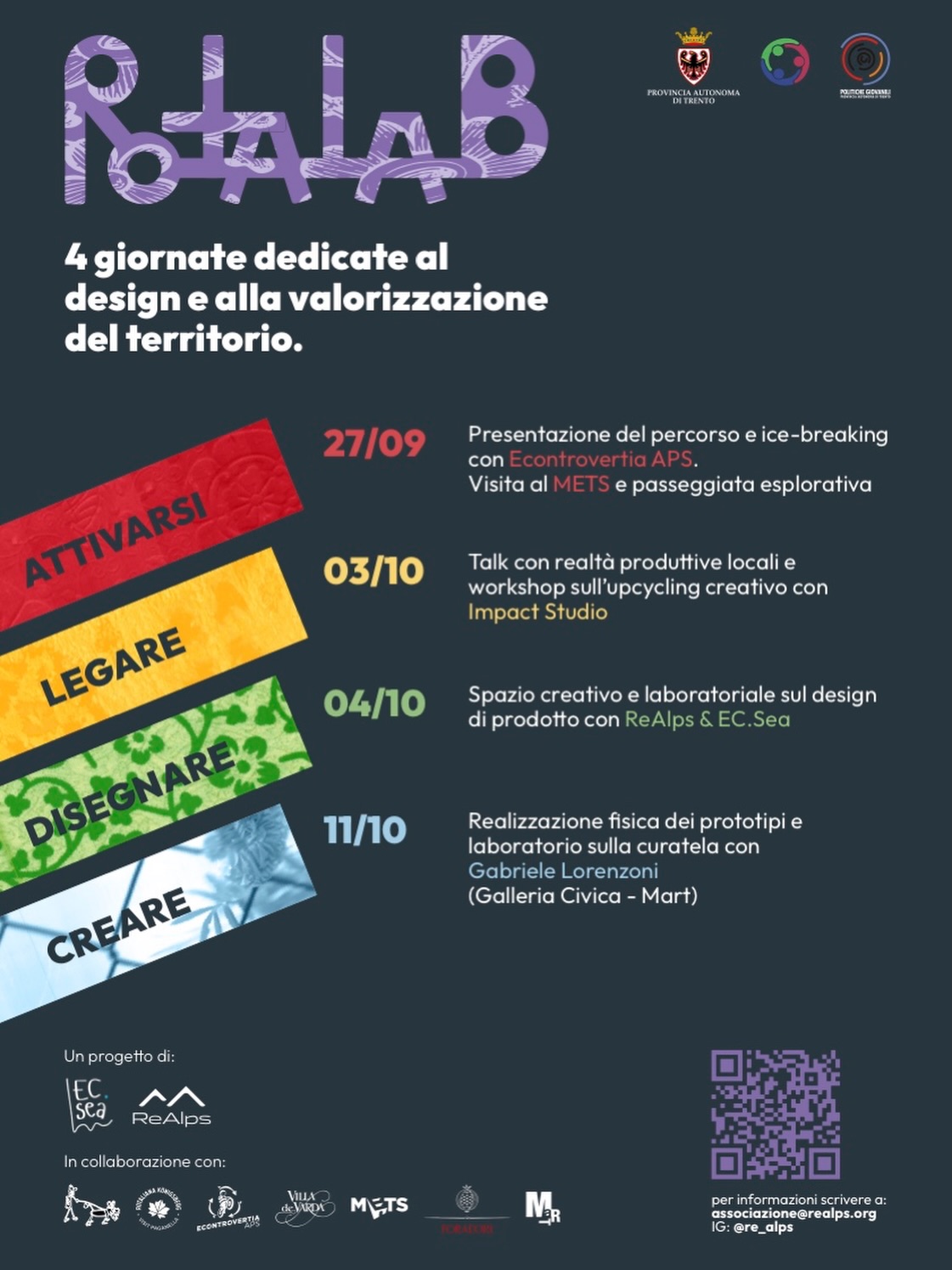 SAVE THE DATE!
L’inizio di RotaLab si avvicina!
In questi giorni sono arrivate tante candidature da giovani interessatə a mettersi in gioco, sperimentare e lavorare insieme sul territorio.
RotaLab è un percorso di attivazione di competenze: uno spazio per imparare facendo, confrontarsi, sviluppare idee e trasformarle in proposte concrete.
Le candidature sono ancora aperte!
Tutte le informazioni per partecipare sono nella locandina e al link in bio.
Seguici per rimanere aggiornatə! E se hai domande scrivici in DM.
Un progetto di: @re_alps @ec.sea
Finanziato da: @pianogiovanipianarotaliana @provinciatrento
In collaborazione con: @visitrotaliana @econtrovertia @agricolaforadori @museosanmichele @martmuseum @villadevarda @impact.studio.it