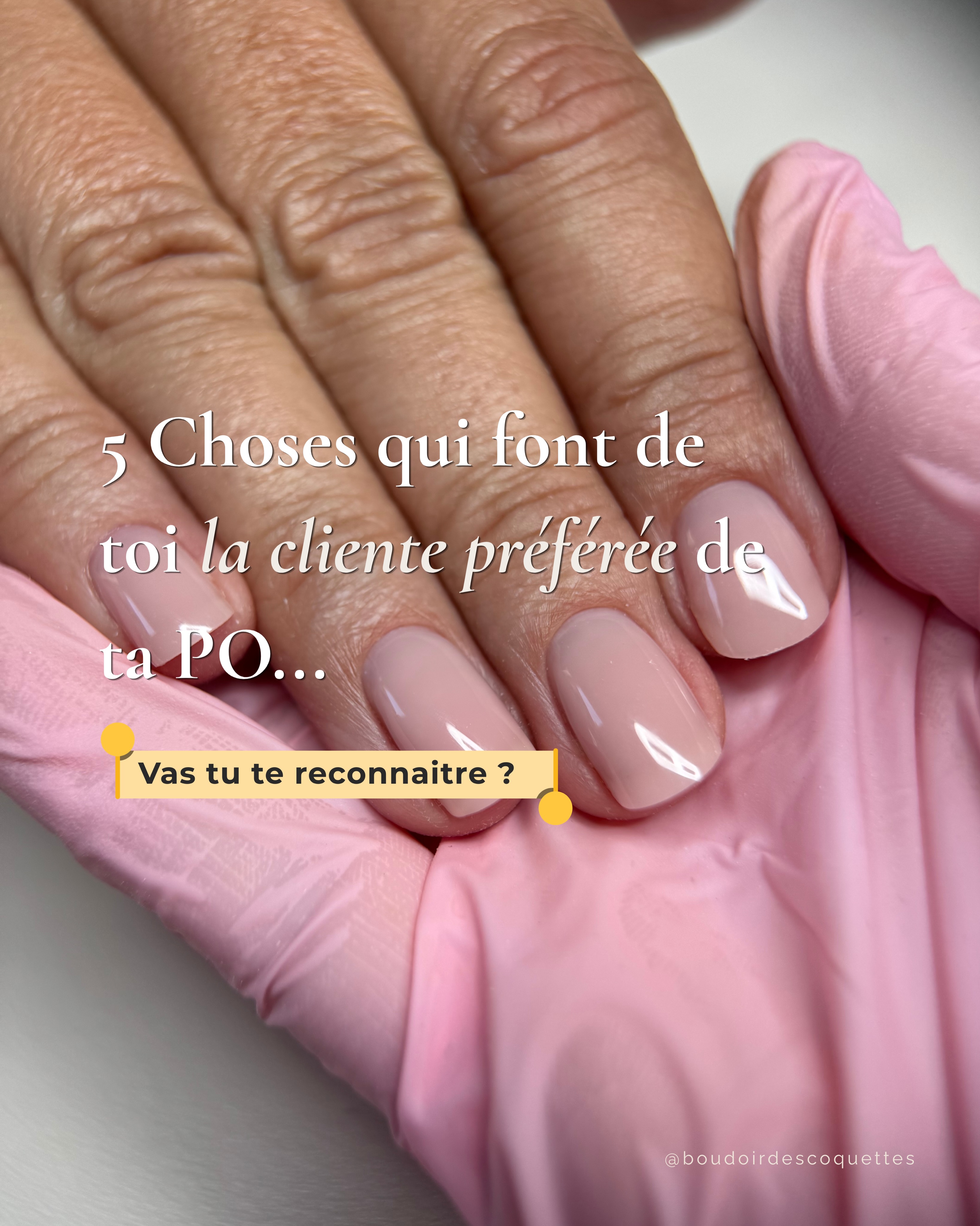 Être ma cliente préférée, ce n’est pas compliqué 🤭
Ce sont surtout ces petites habitudes qui rendent chaque rendez-vous agréable, pour toi comme pour moi.
✨Arriver à l’heure
✨Avoir les mains détendues
✨Laisser un avis ou partager le résultat (à tes amies, sur tes réseaux)
✨Reprendre ton rendez-vous avant de partir
✨Me faire confiance sur la méthode
Et toi... tu te reconnais dans combien de points ? 👀
——
Morane - prothésiste ongulaire
Beauté des mains et des pieds
Soin des ongles
Manucures et pédicures à Sancerre